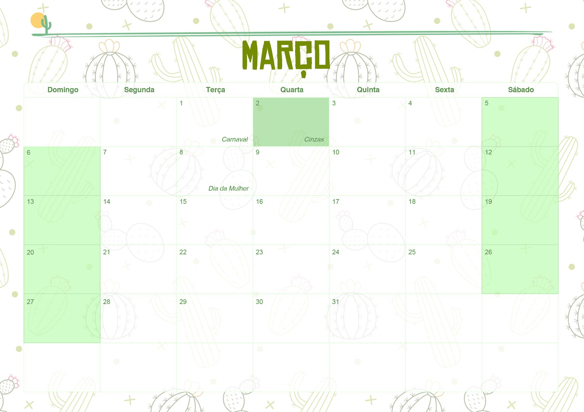 Calendario Mensal 2022 Cactos Marco