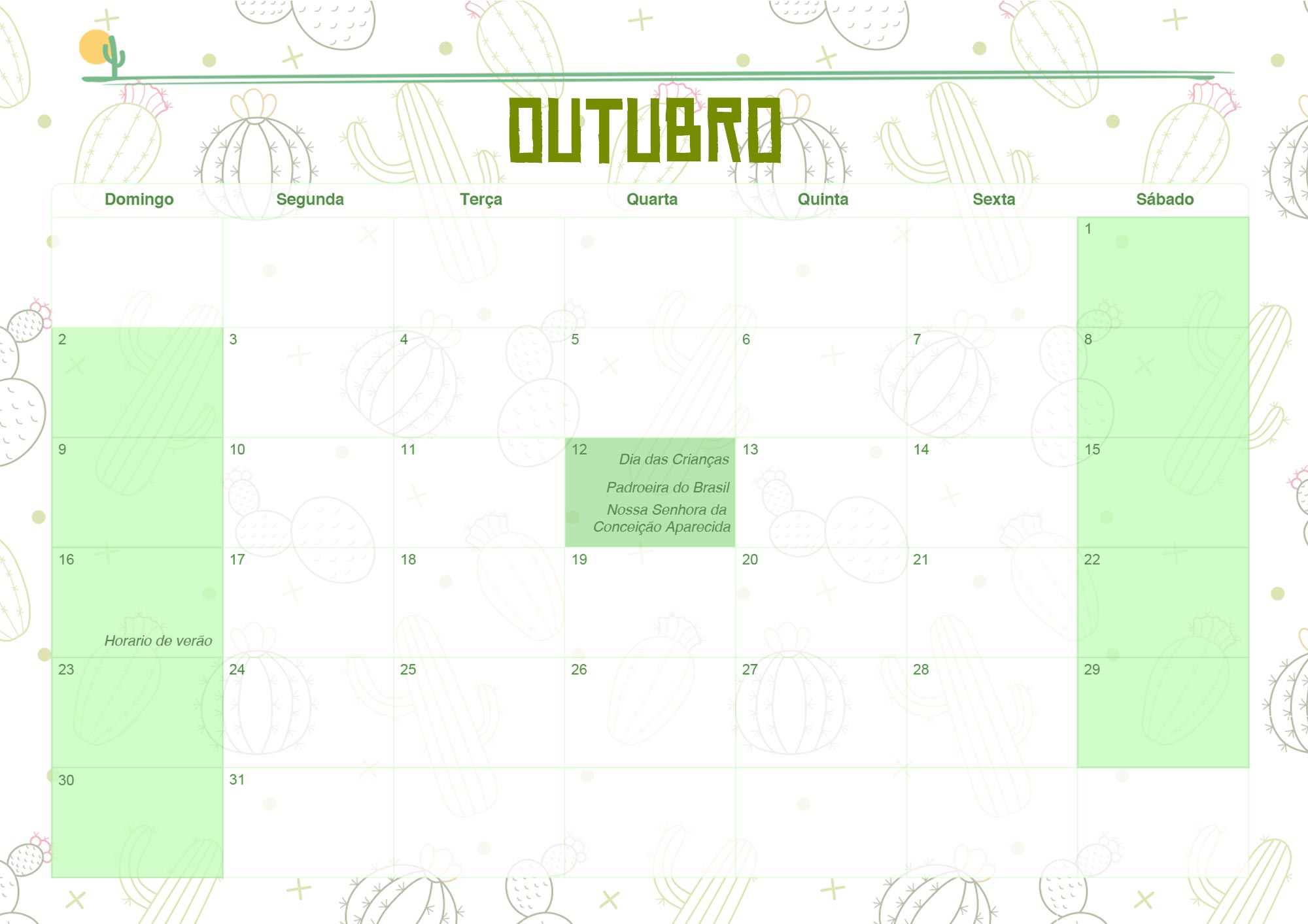 Calendario Mensal 2022 Cactos Outubro