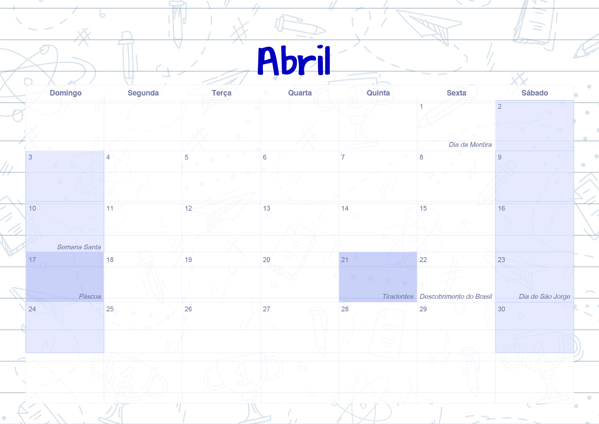 Calendario Mensal 2022 Caderno de Professor Abril