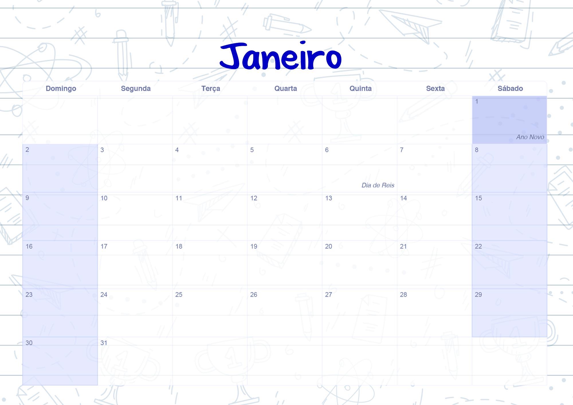 Calendario Mensal 2022 Caderno de Professor Janeiro