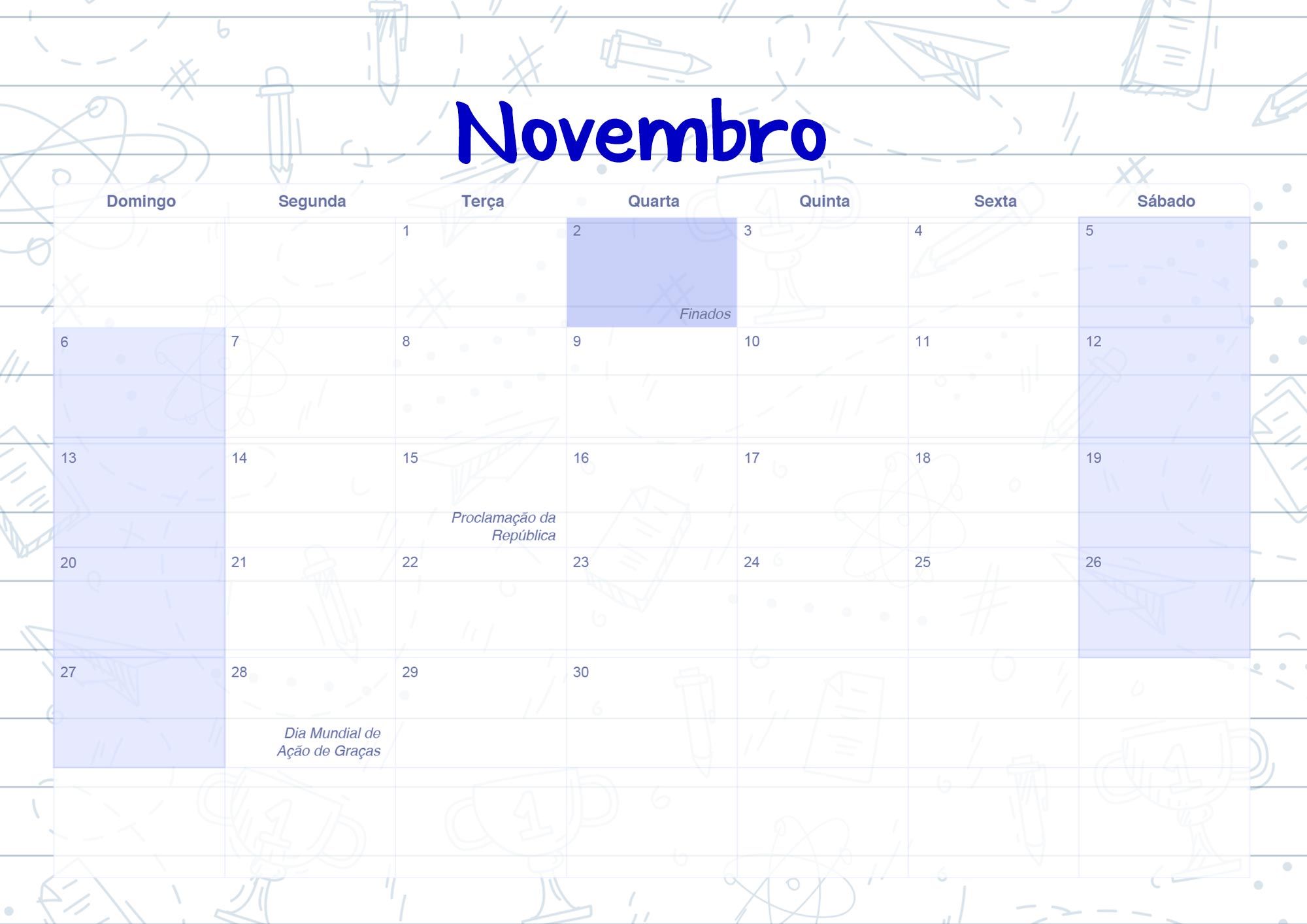 Calendario Mensal 2022 Caderno de Professor Novembro