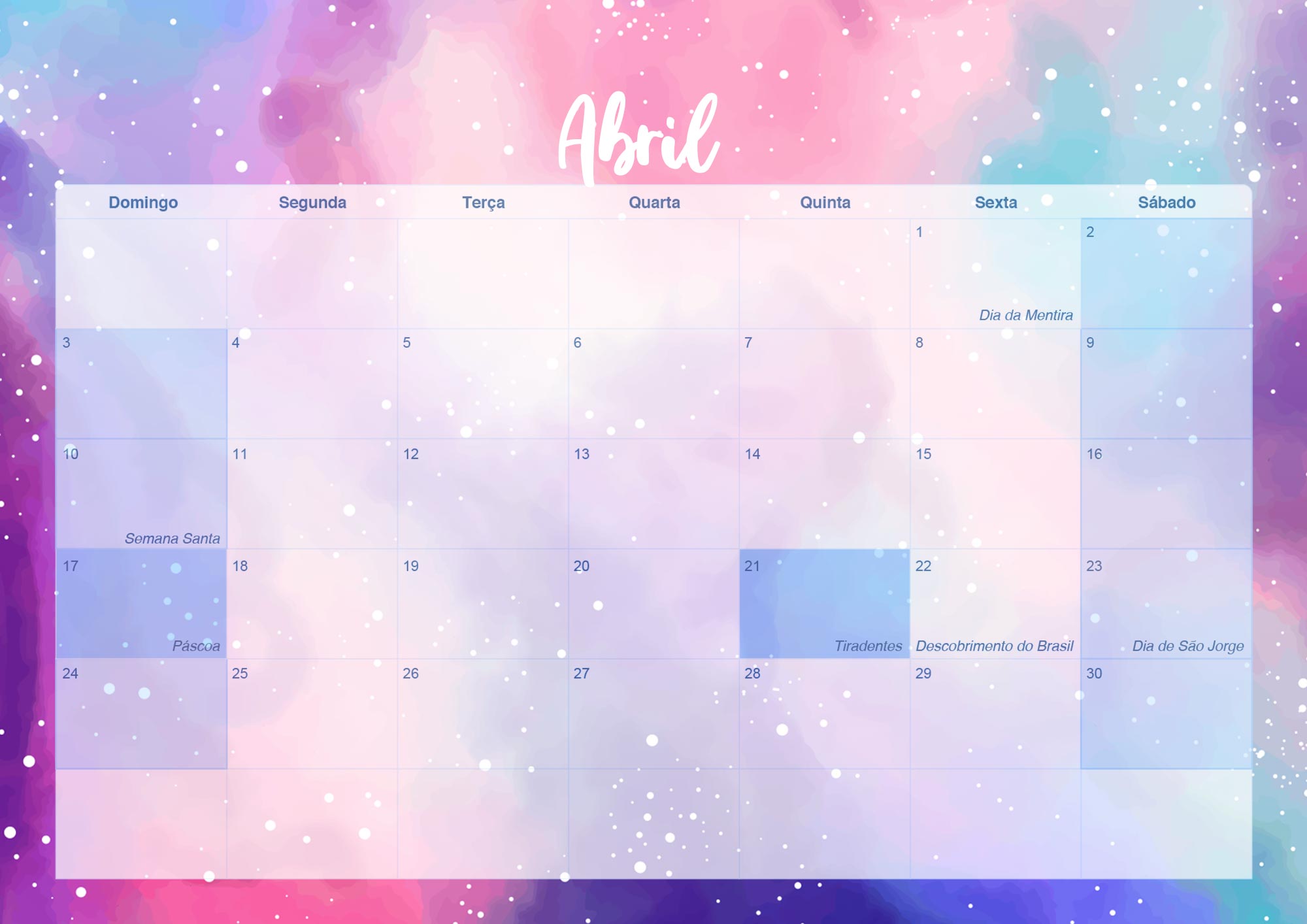 Calendario Mensal 2022 Colorido Abril
