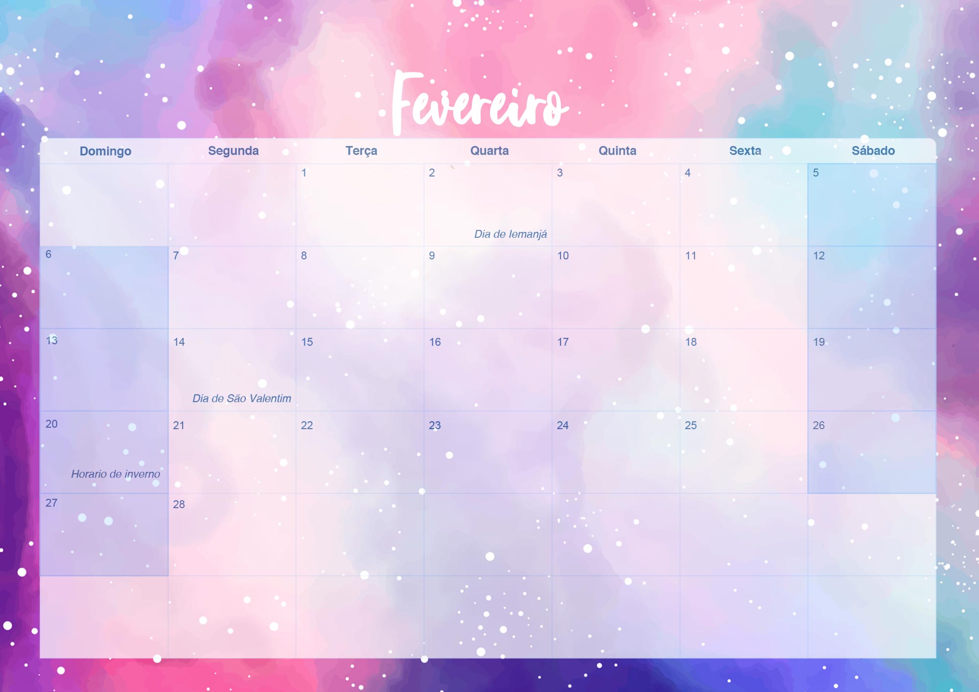 Calendario Mensal 2022 Colorido Fevereiro