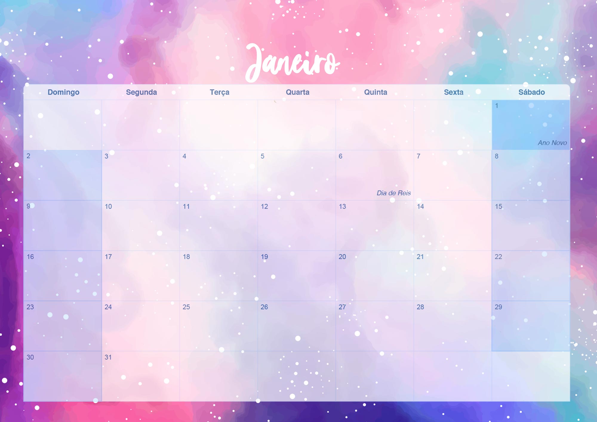 Calendario Mensal 2022 Colorido Janeiro