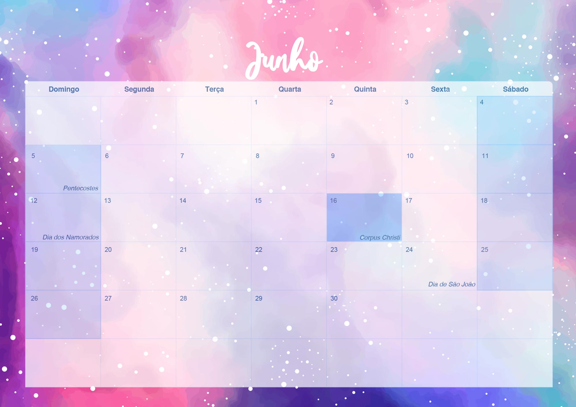 Calendario Mensal 2022 Colorido Junho