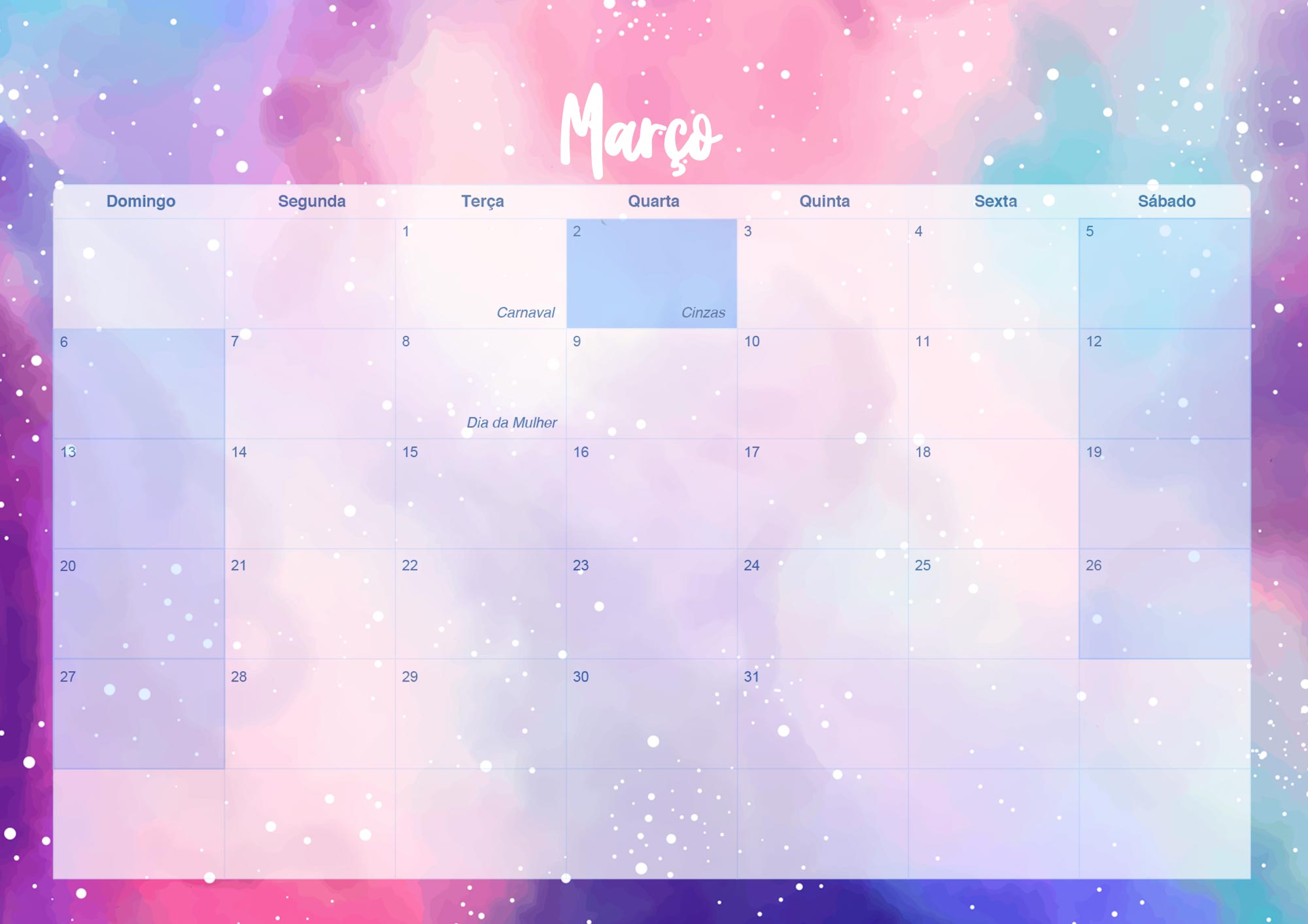 Calendario Mensal 2022 Colorido Fevereiro