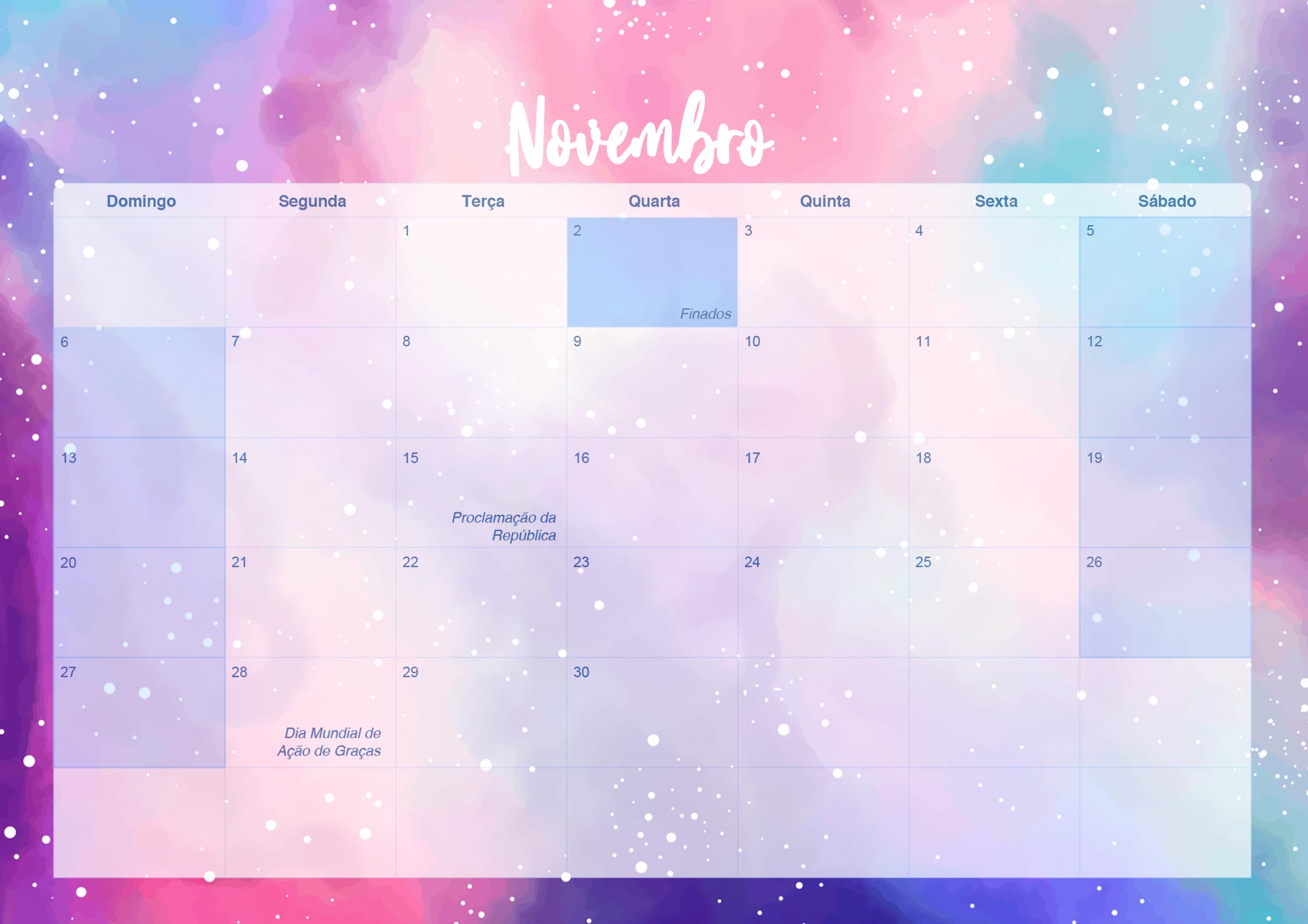 Calendario Mensal 2022 Colorido Novembro