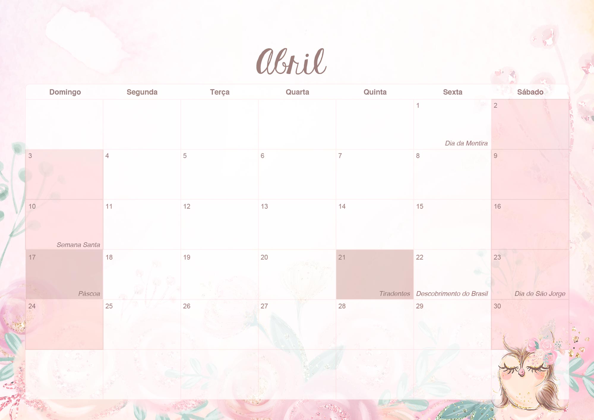 Calendario Mensal 2022 Coruja Abril