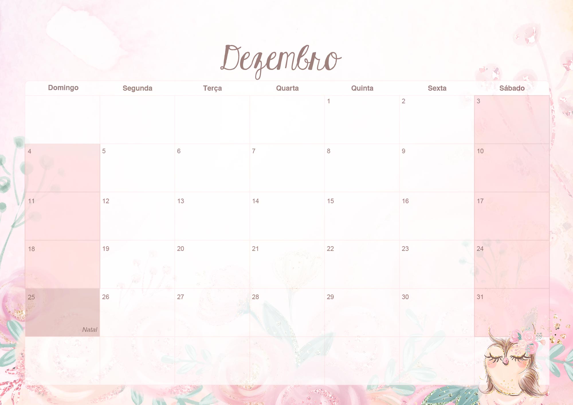 Calendario Mensal 2022 Coruja Dezembro