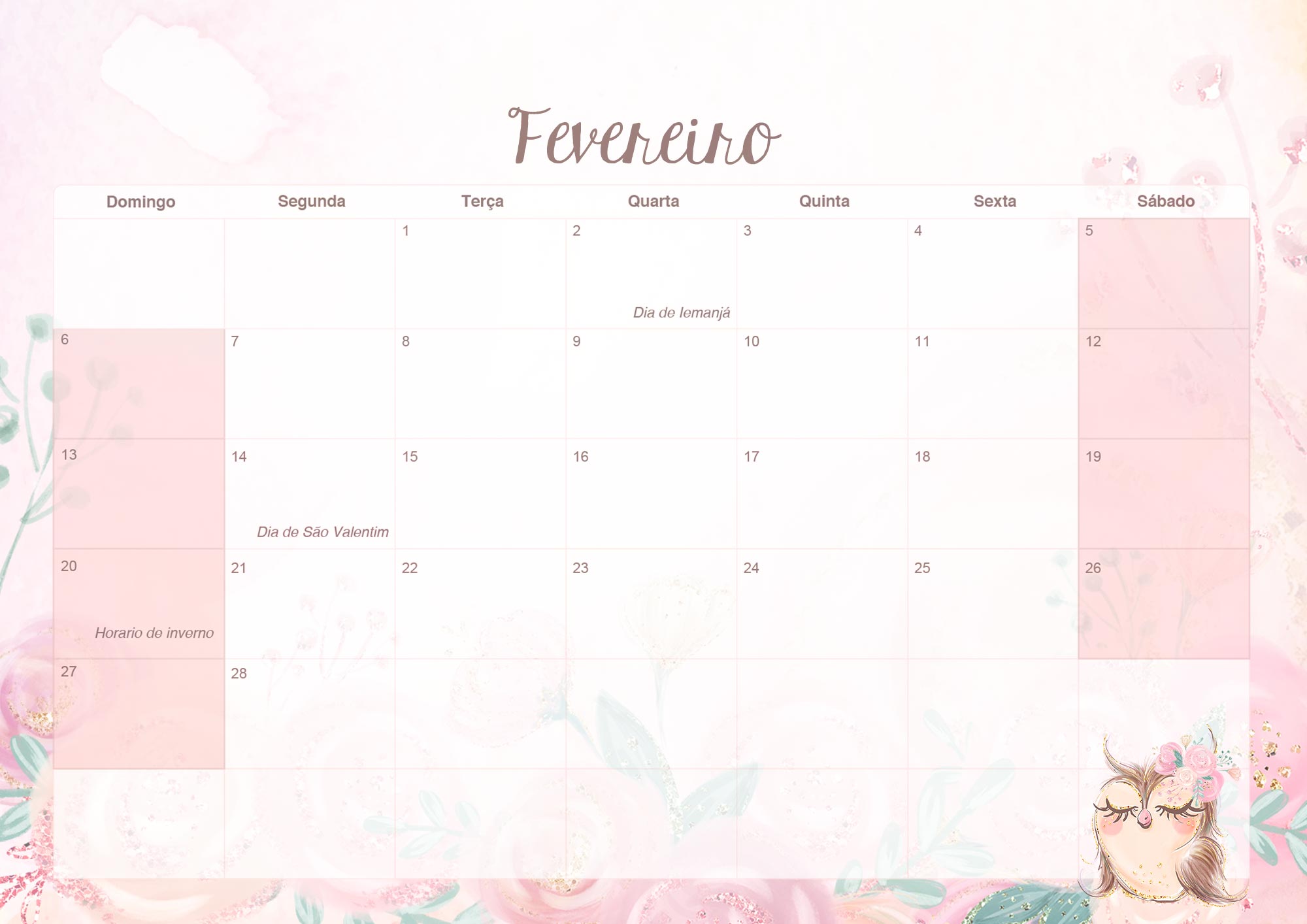 Calendario Mensal 2022 Coruja Fevereiro