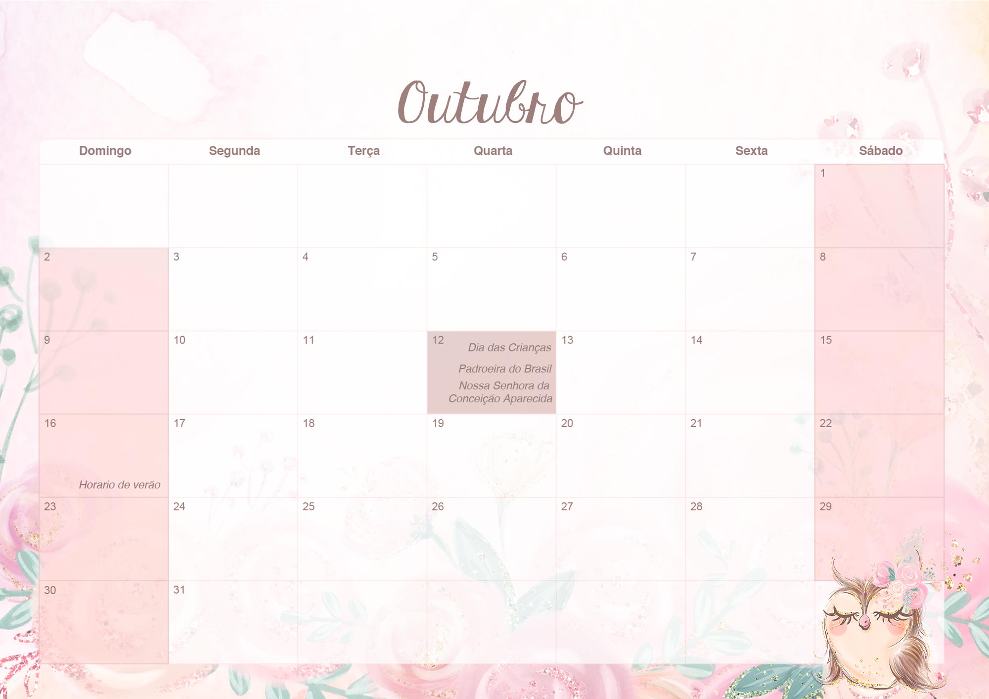 Calendario Mensal 2022 Coruja Outubro