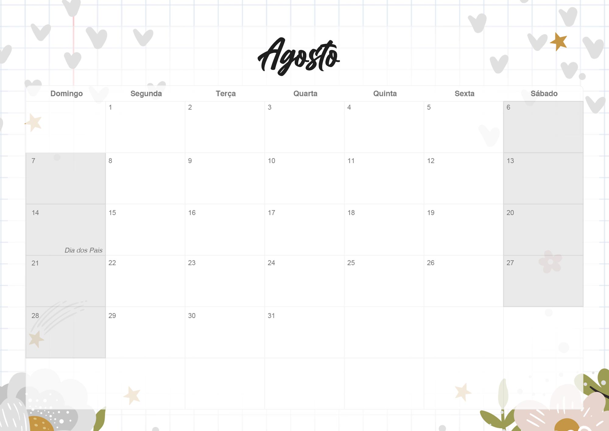 Calendario Mensal 2022 Corujinha Agosto