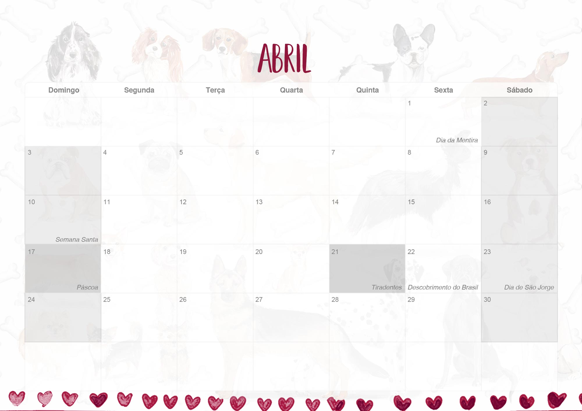 Calendario Mensal 2022 Dogs Abril