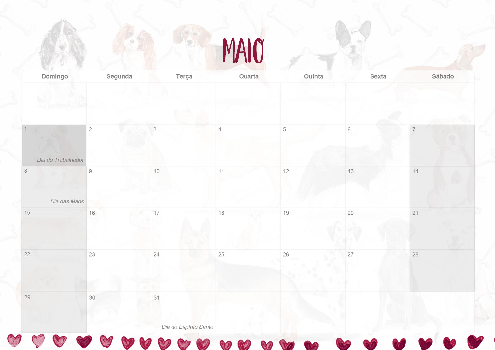 Calendario Mensal 2022 Dogs Maio
