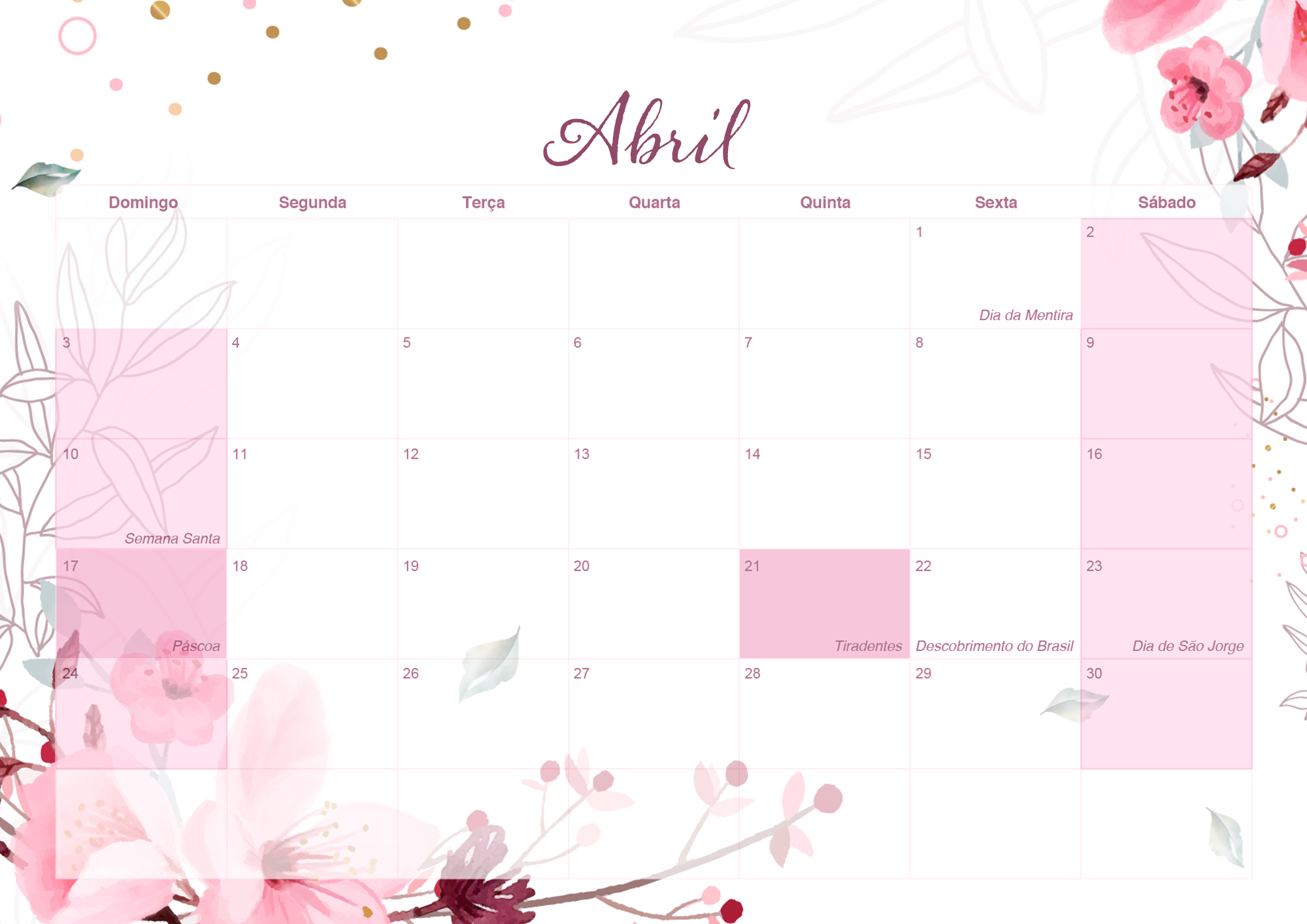 Calendario Mensal 2022 Floral Abril