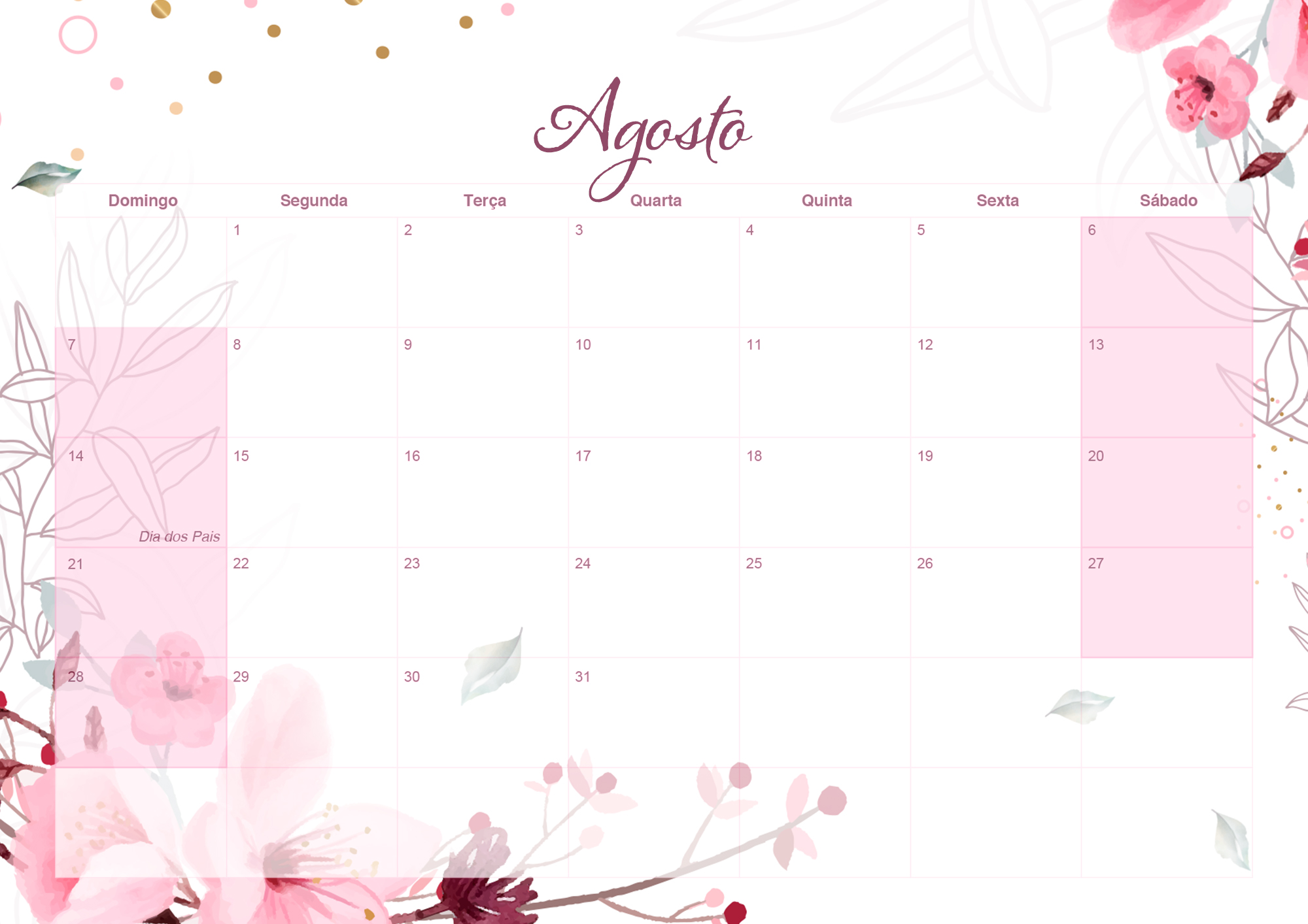 Calendario Mensal 2022 Floral Agosto