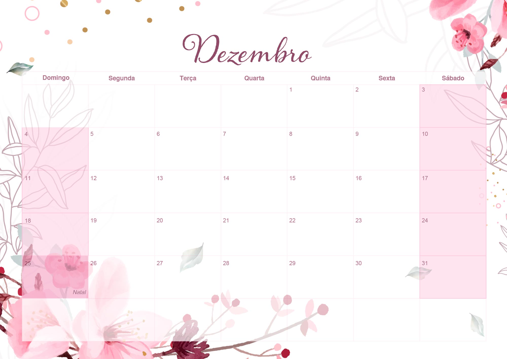 Calendario Mensal 2022 Floral Dezembro