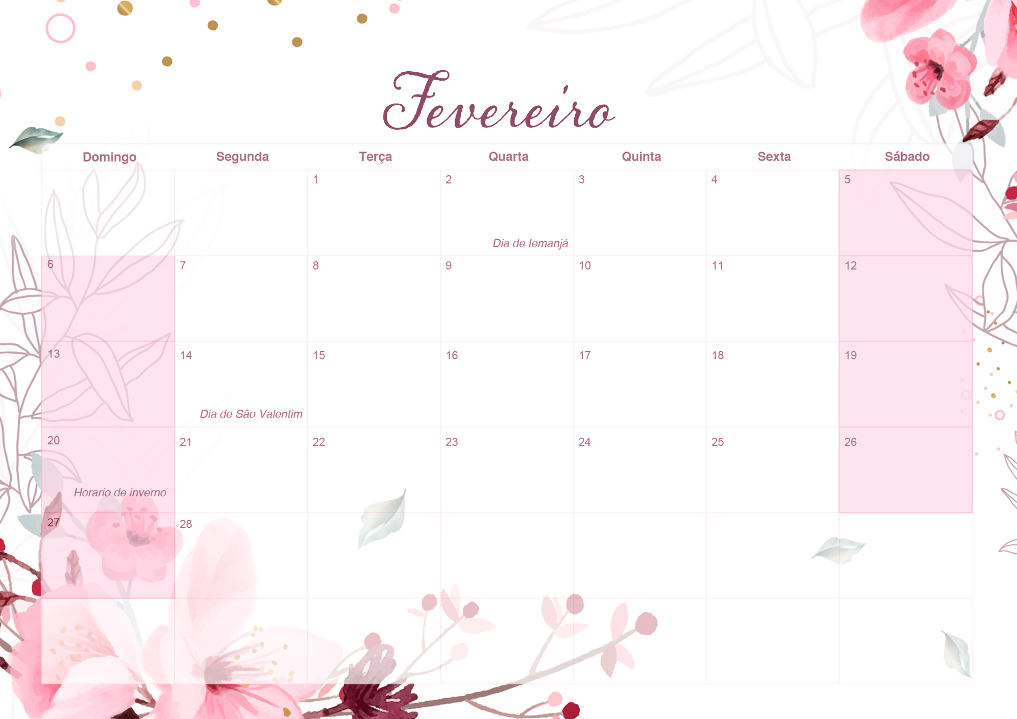 Calendario Mensal 2022 Floral Fevereiro