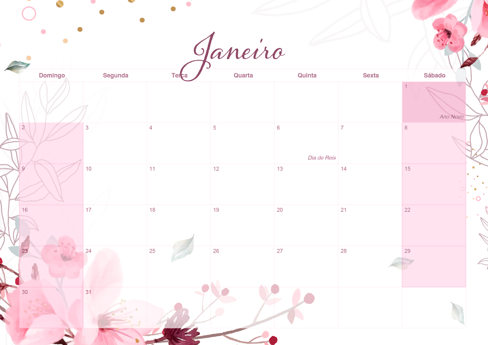 Calendario Mensal 2022 Floral Janeiro