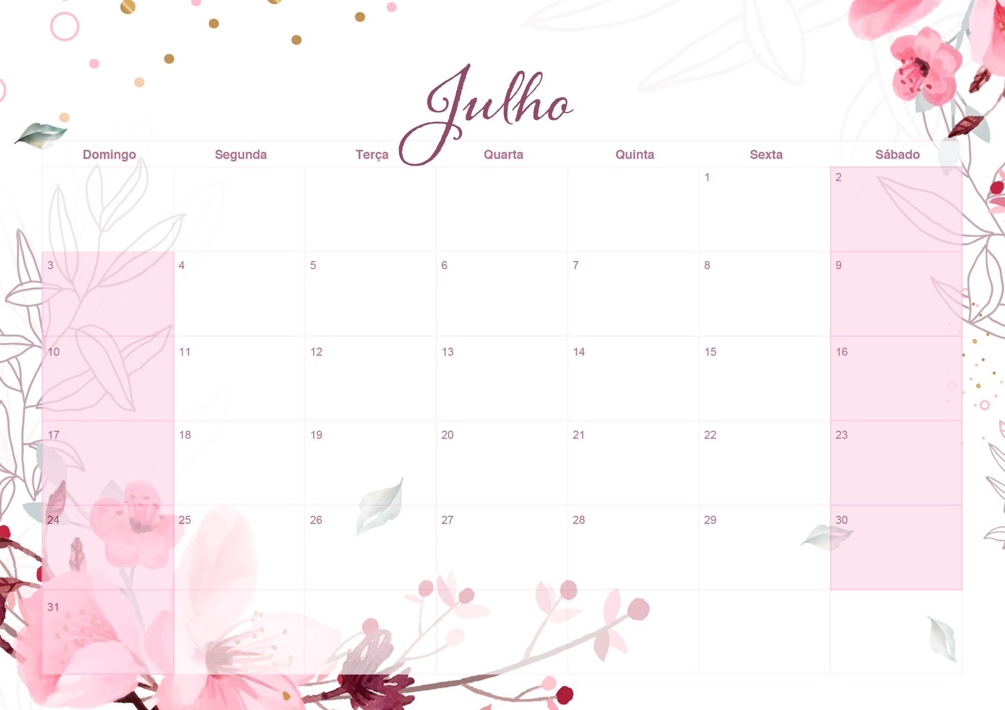 Calendario Mensal 2022 Floral Julho