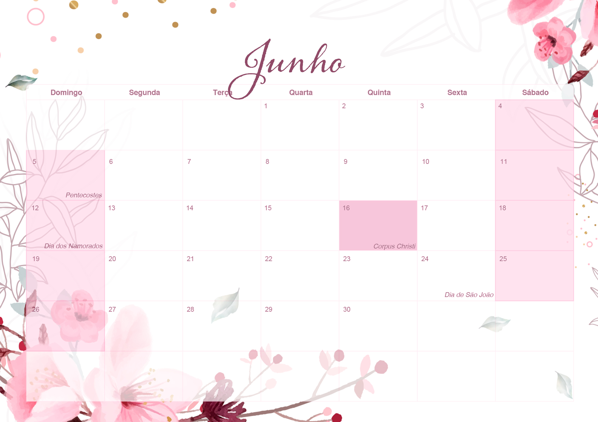 Calendario Mensal 2022 Floral Junho