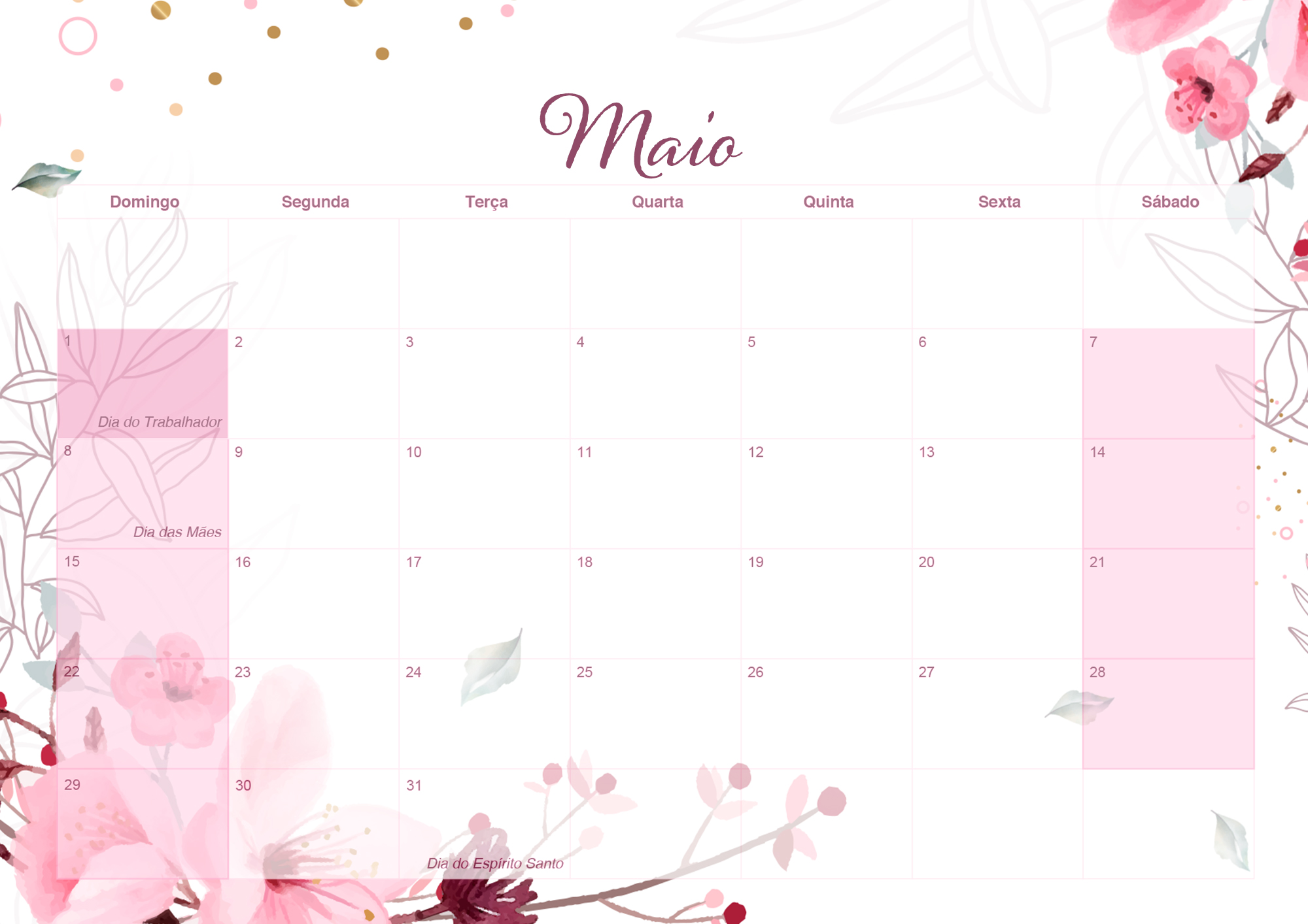 Calendario Mensal 2022 Floral Maio