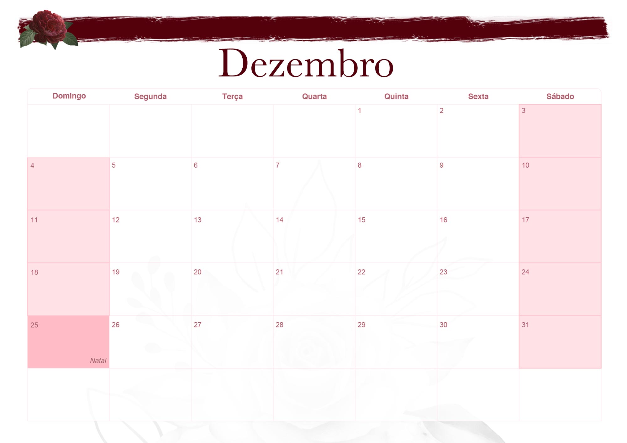 Calendario Mensal 2022 Floral Marsala Dezembro