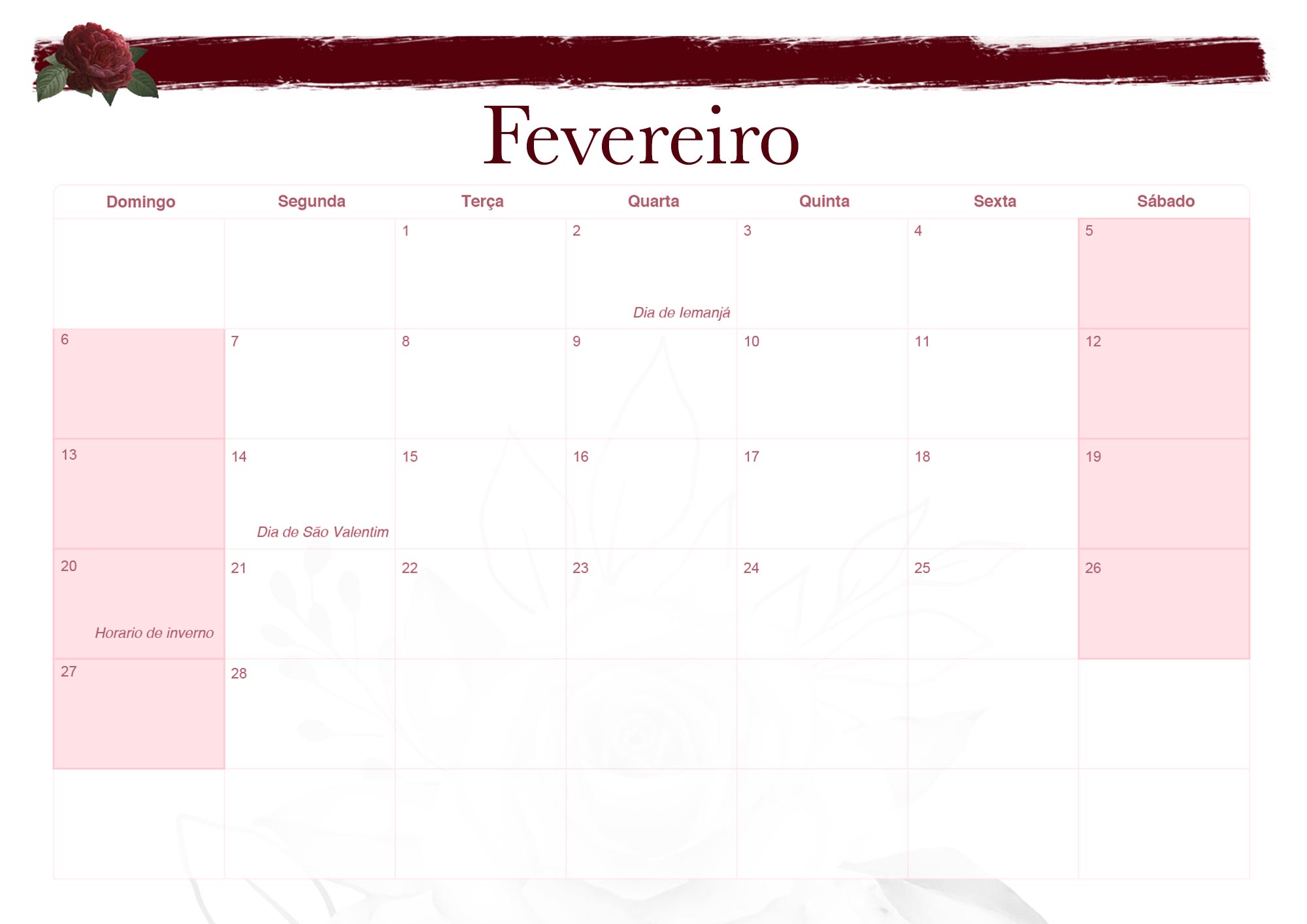 Calendario Mensal 2022 Floral Marsala Fevereiro
