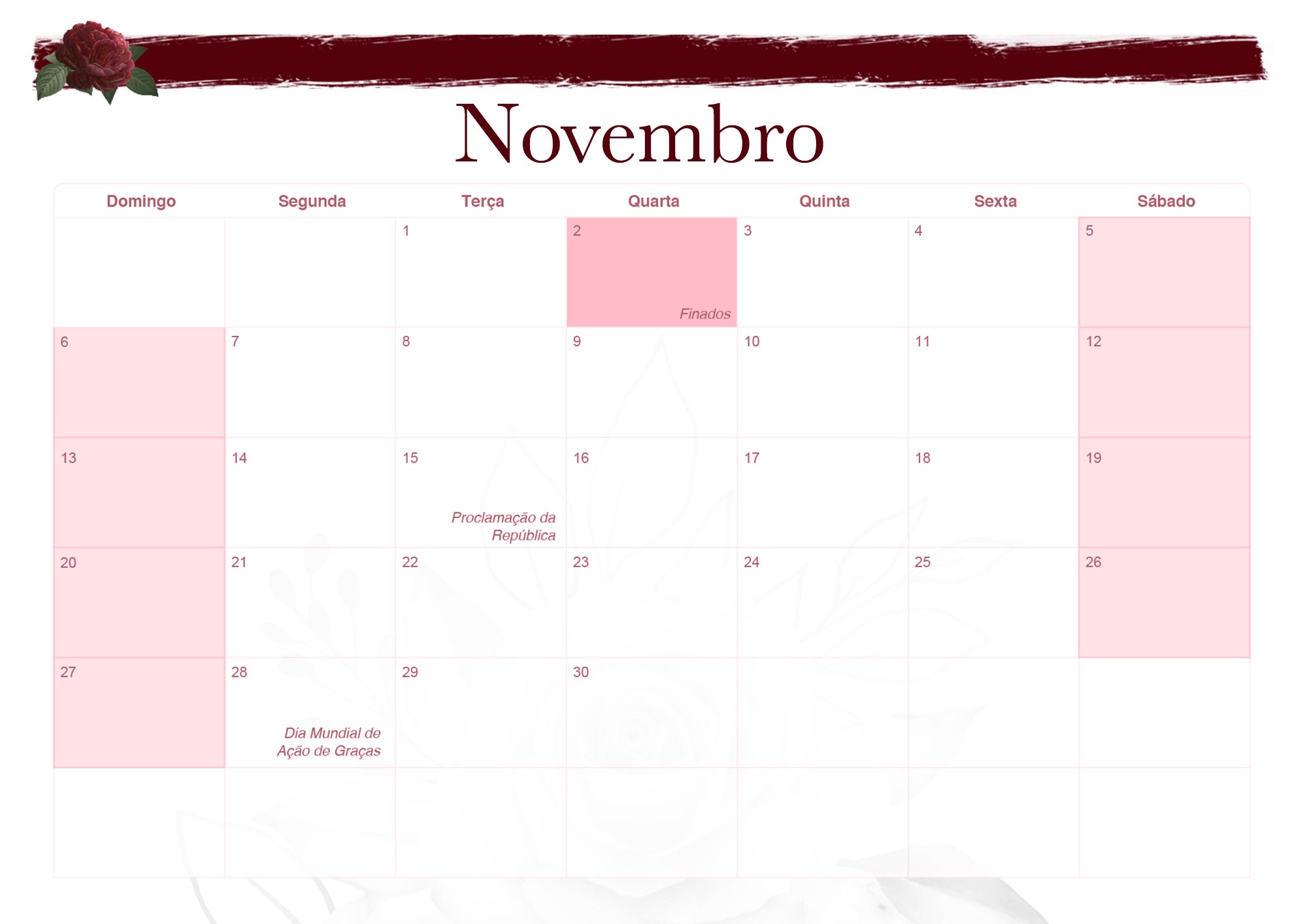 Calendario Mensal 2022 Floral Marsala Novembro