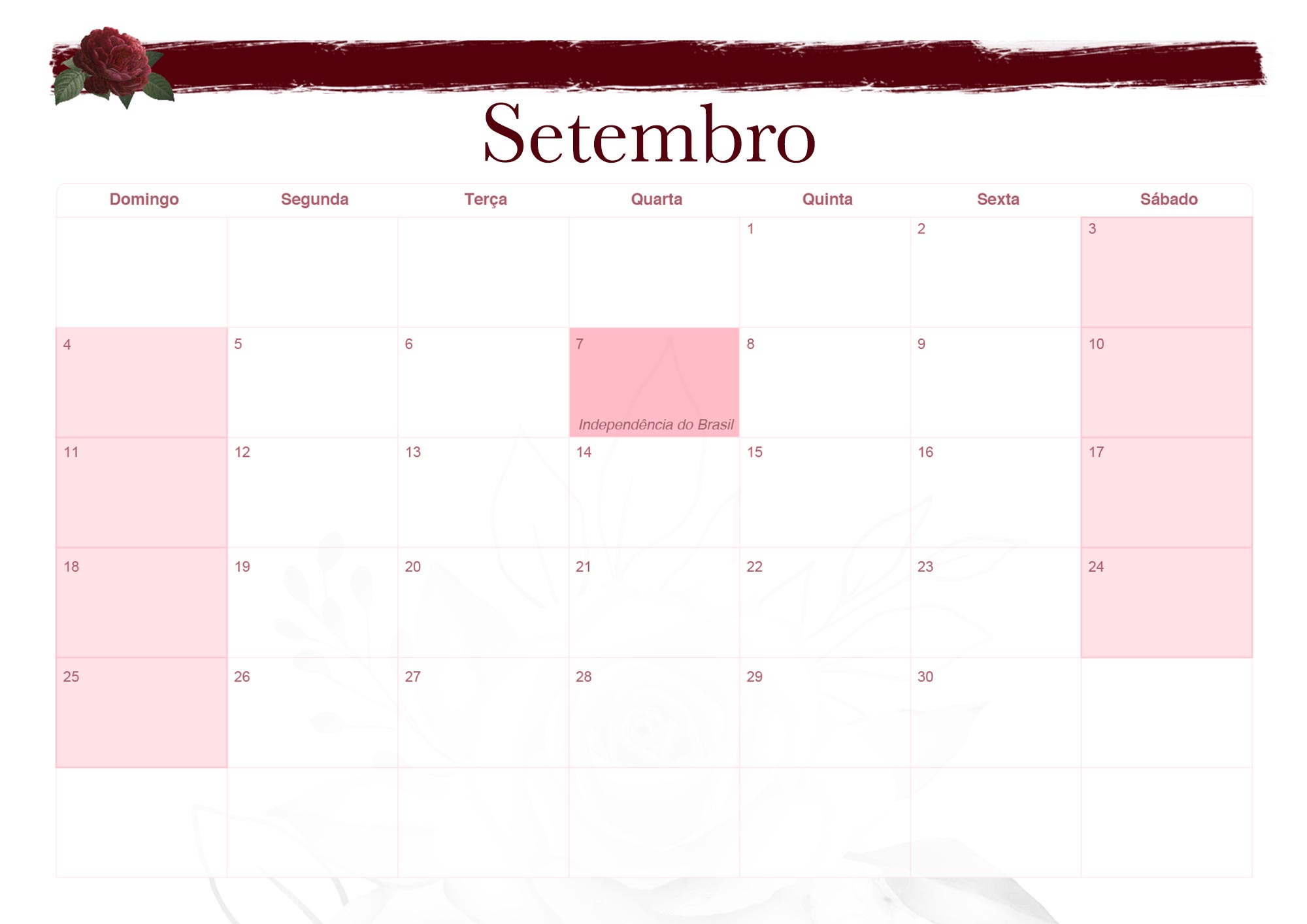 Calendario Mensal 2022 Floral Marsala Setembro