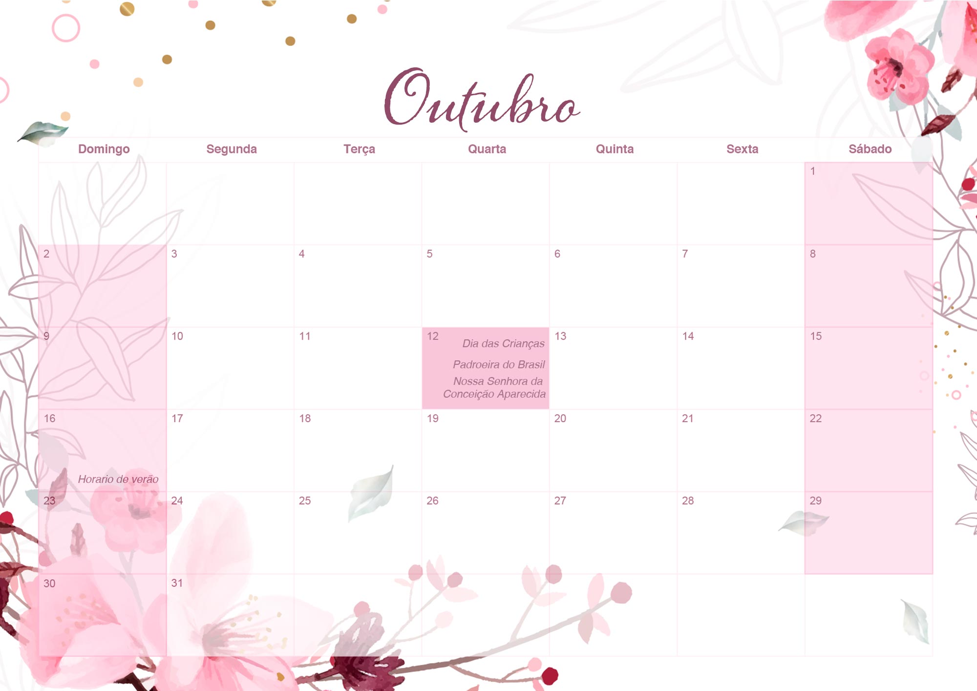 Calendario Mensal 2022 Floral Outubro