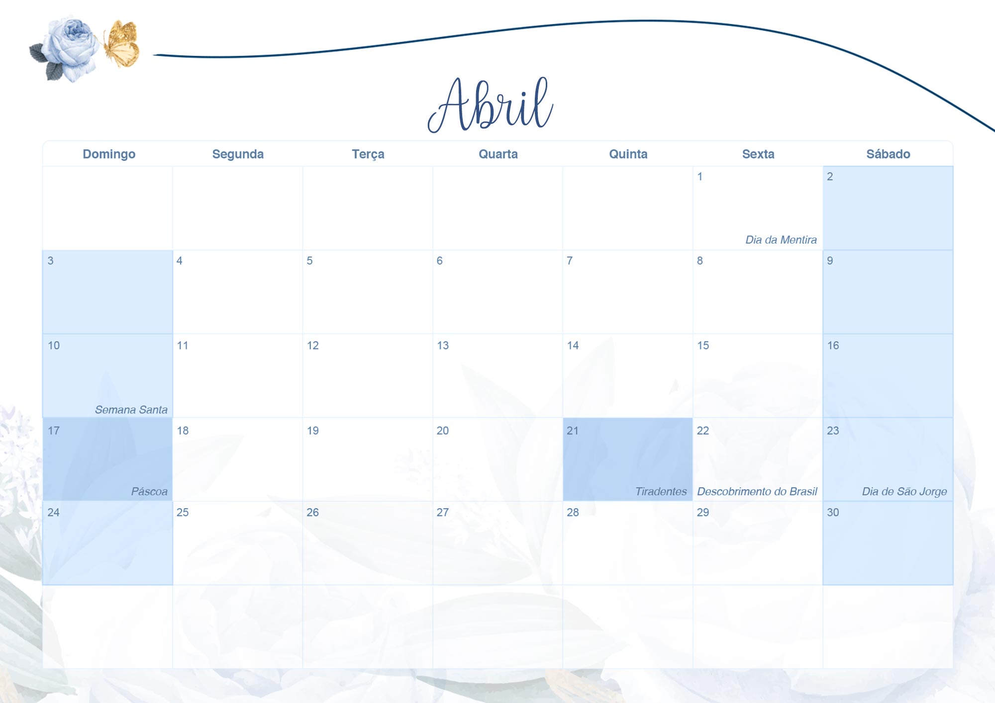 Calendario Mensal 2022 Floral Rosas Azuis Abril