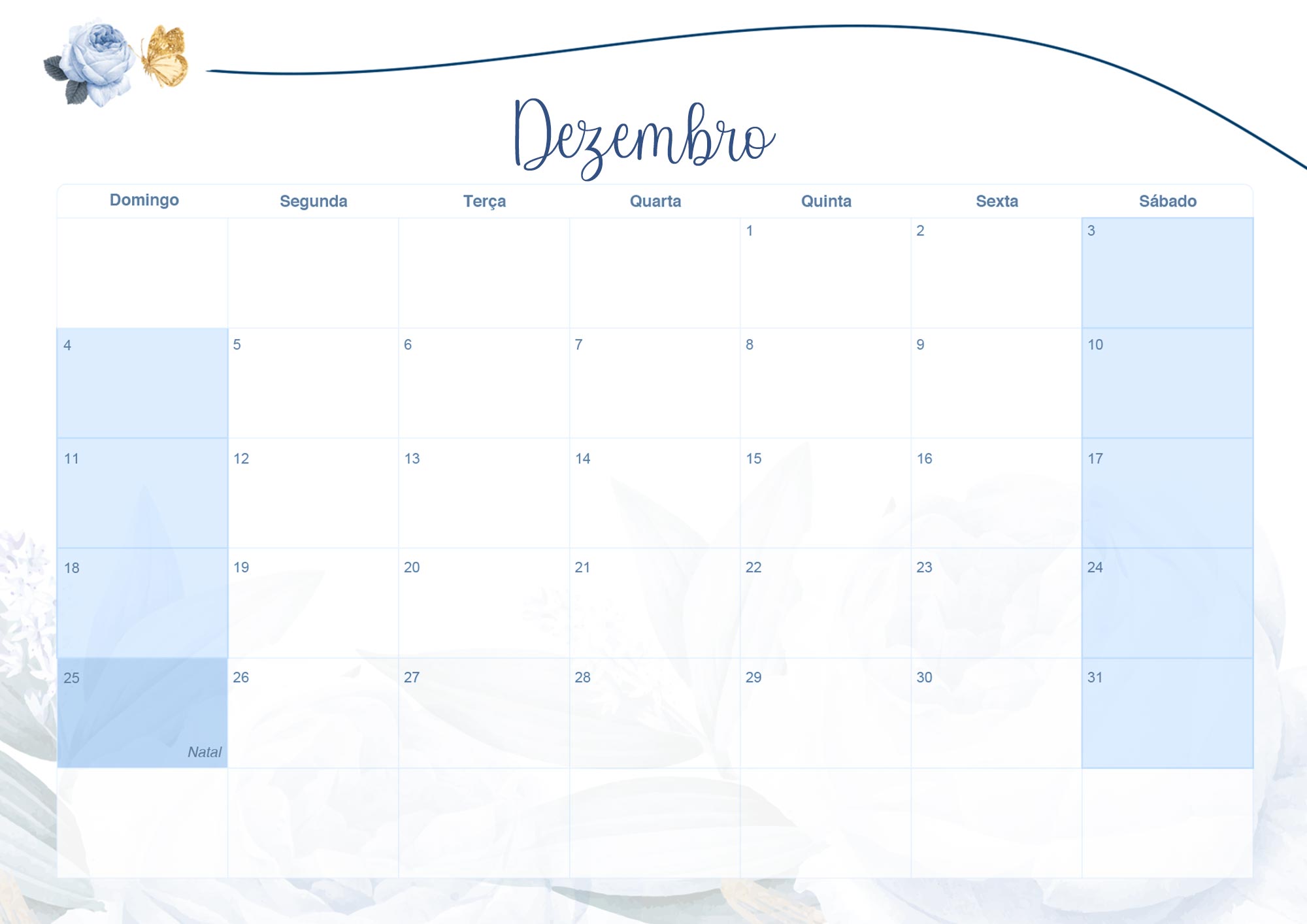 Calendario Mensal 2022 Floral Rosas Azuis Dezembro
