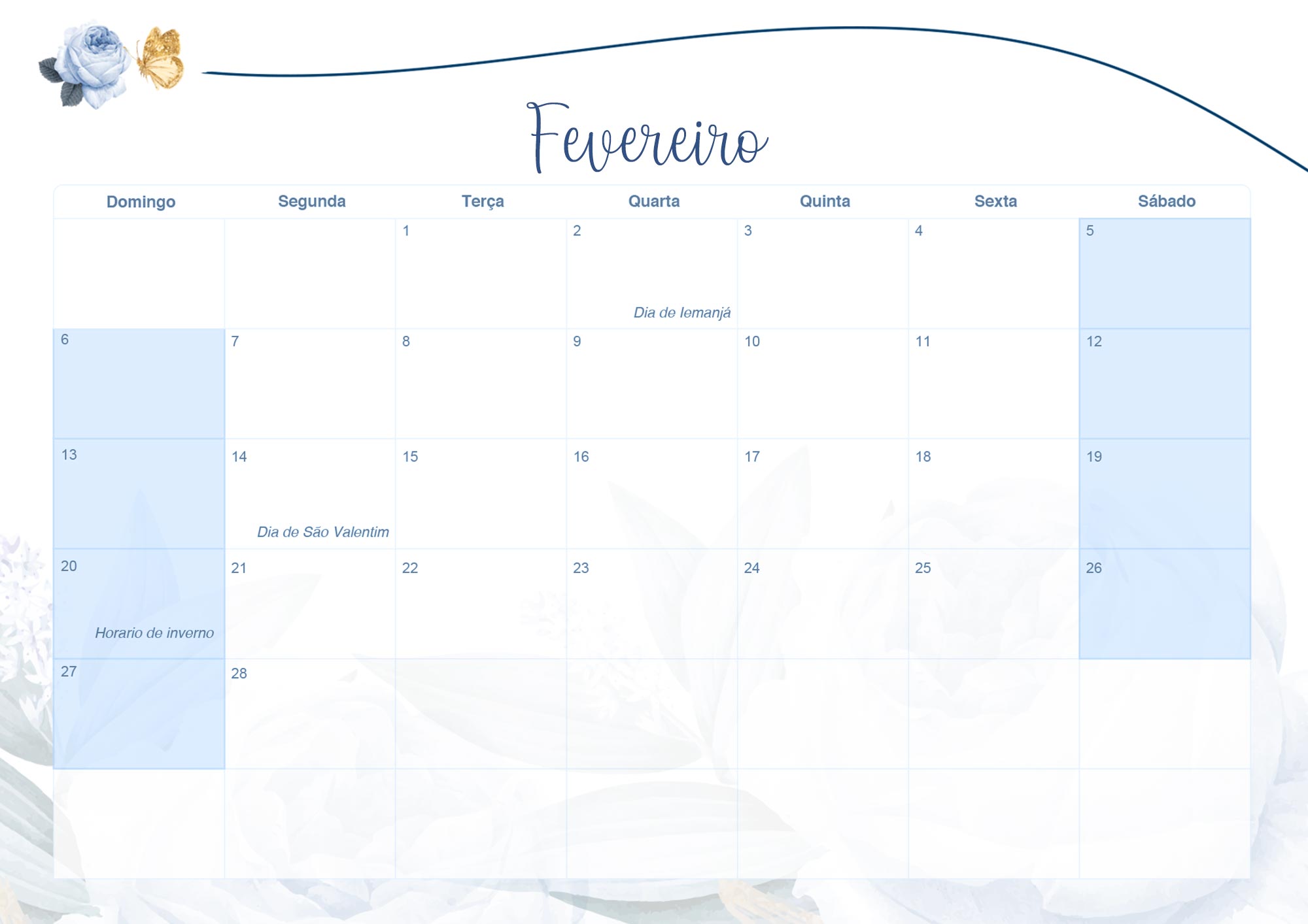 Calendario Mensal 2022 Floral Rosas Azuis Fevereiro