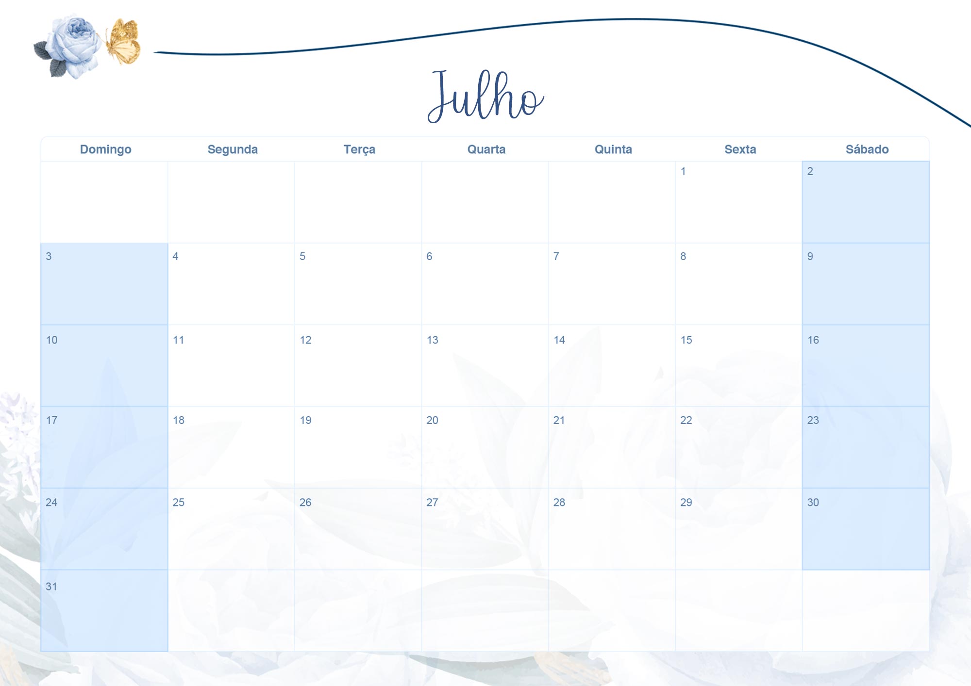 Calendario Mensal 2022 Floral Rosas Azuis Julho