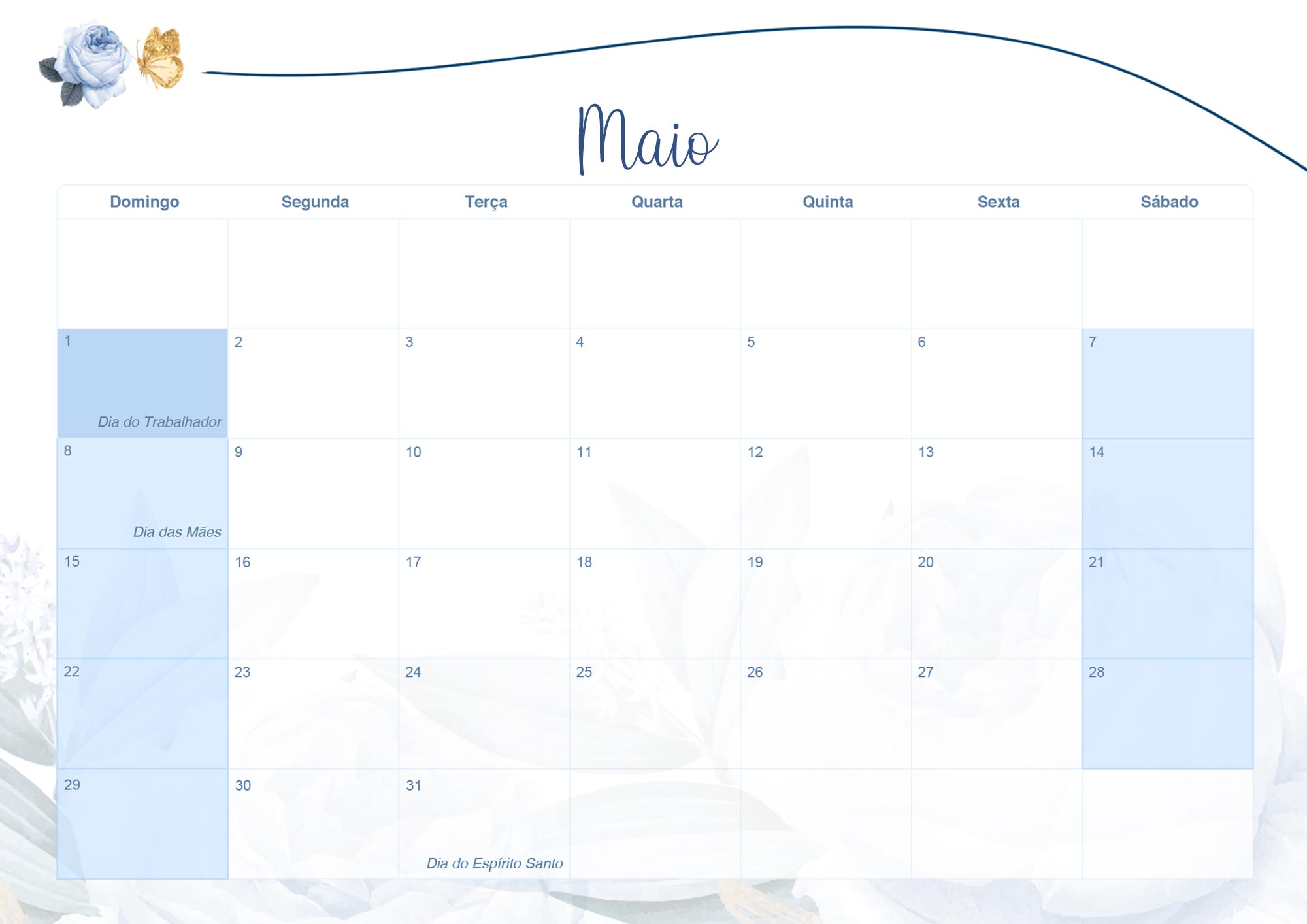 Calendario Mensal 2022 Floral Rosas Azuis Maio