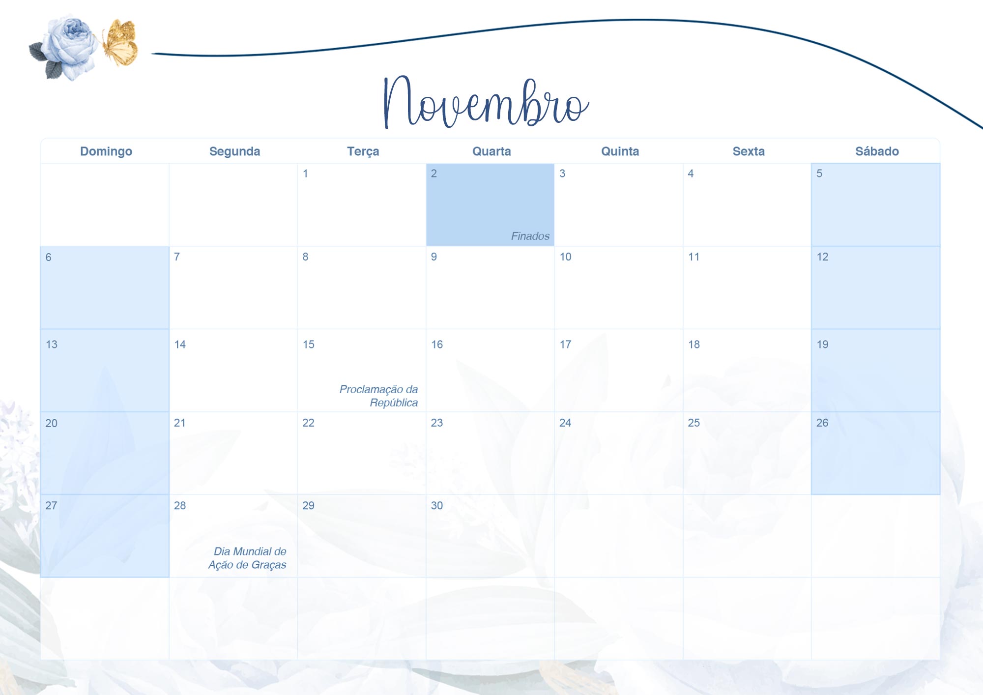 Calendario Mensal 2022 Floral Rosas Azuis Novembro
