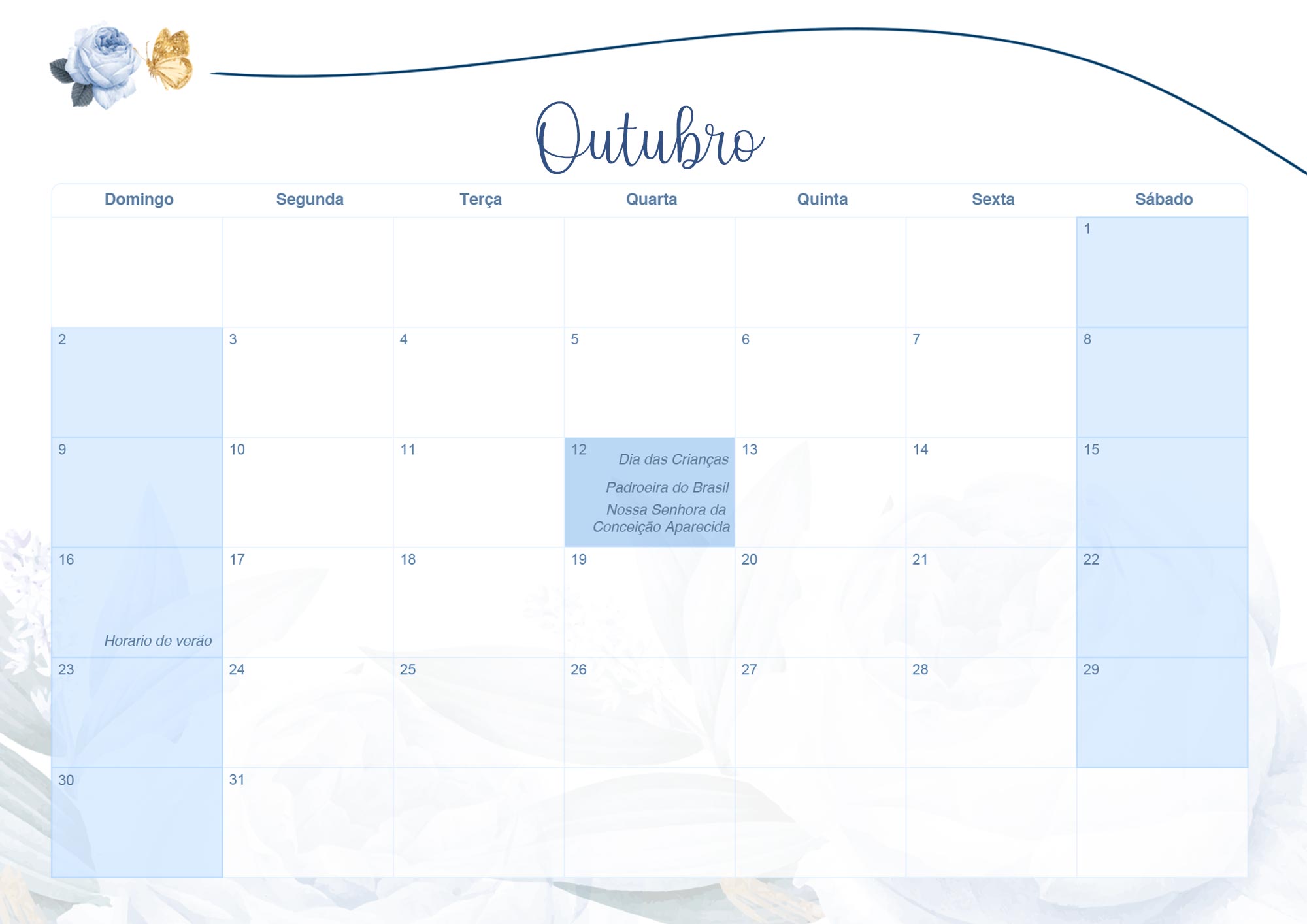 Calendario Mensal 2022 Floral Rosas Azuis Outubro