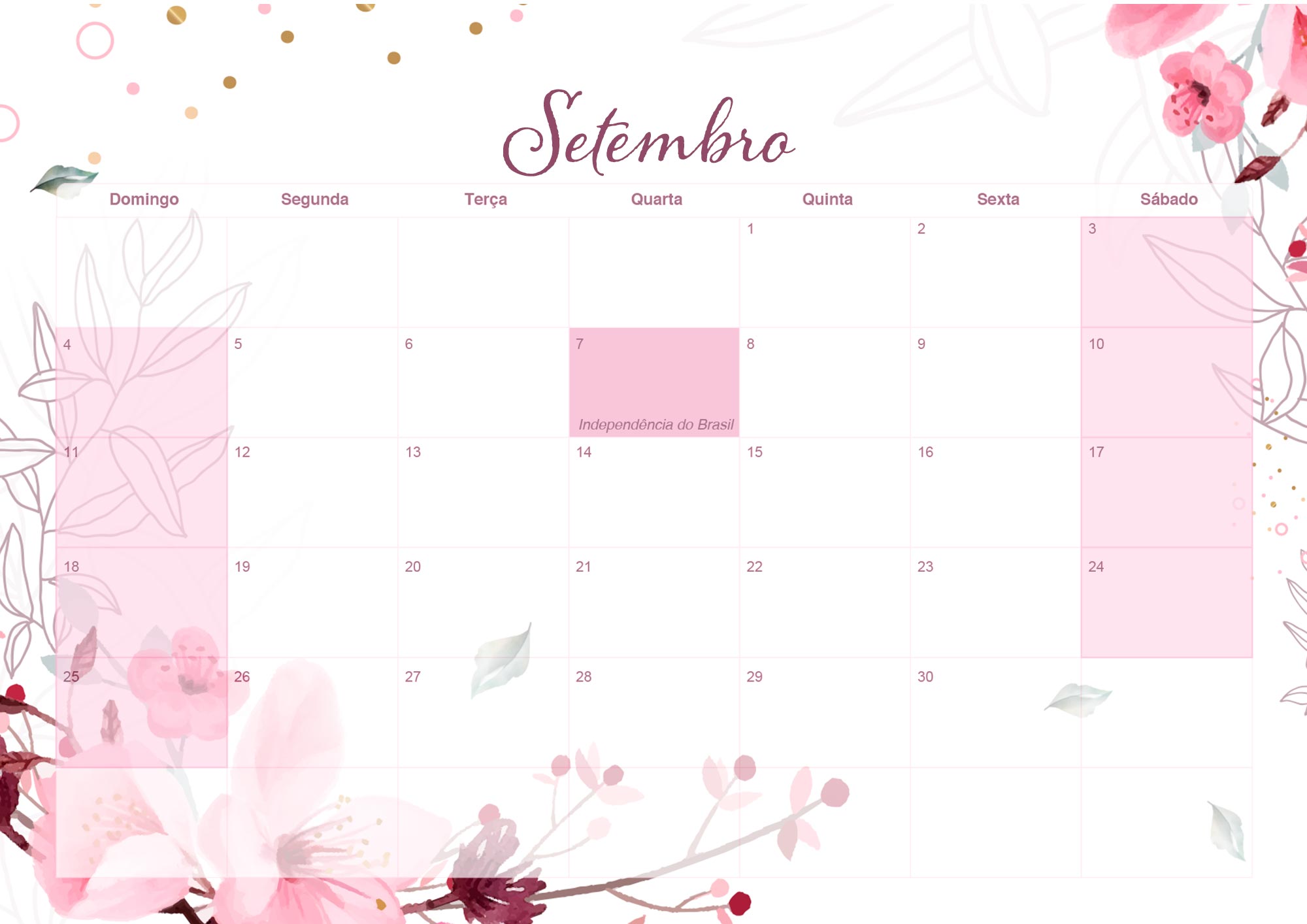 Calendario Mensal 2022 Floral Setembro