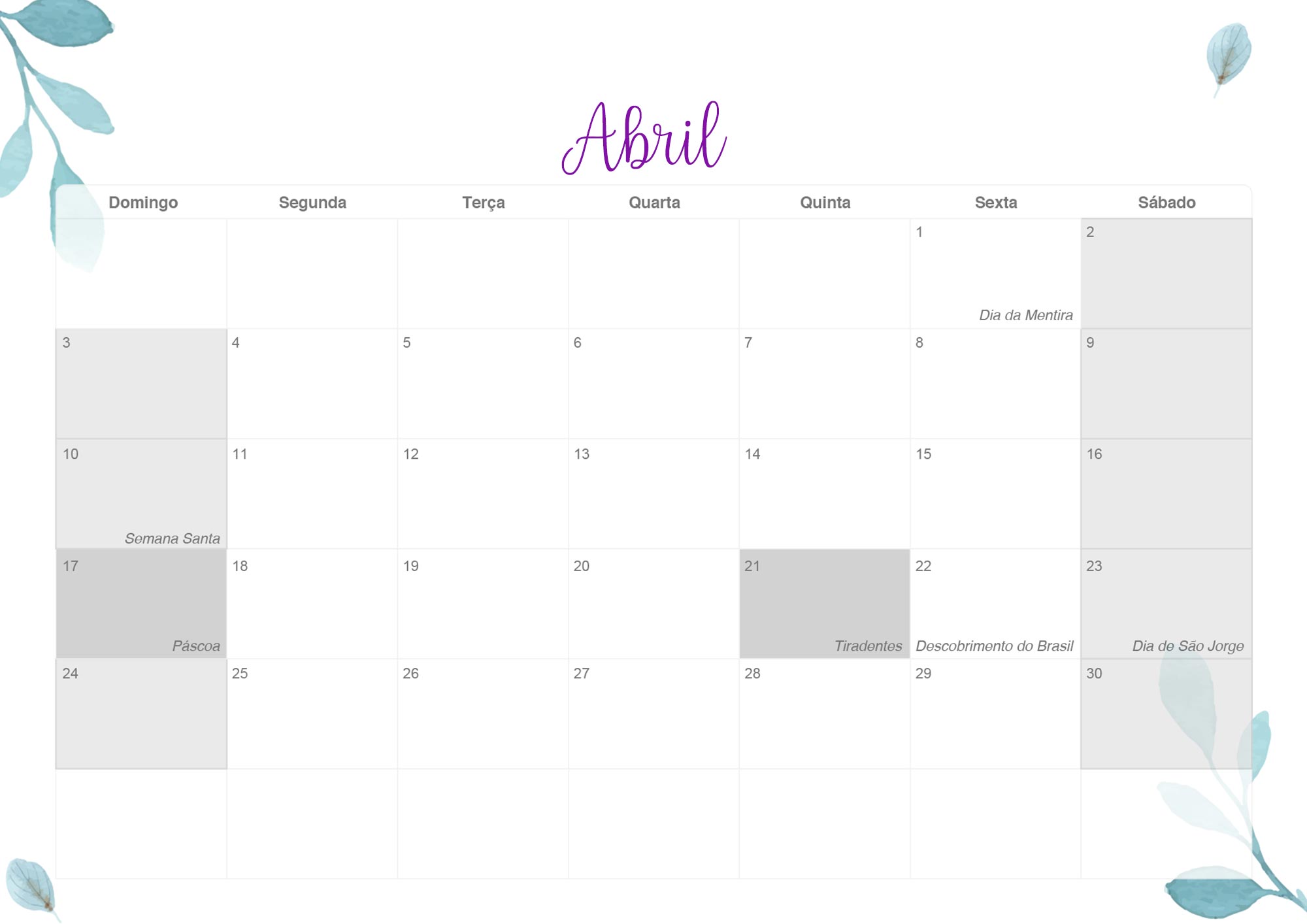 Calendario Mensal 2022 Flores Abril