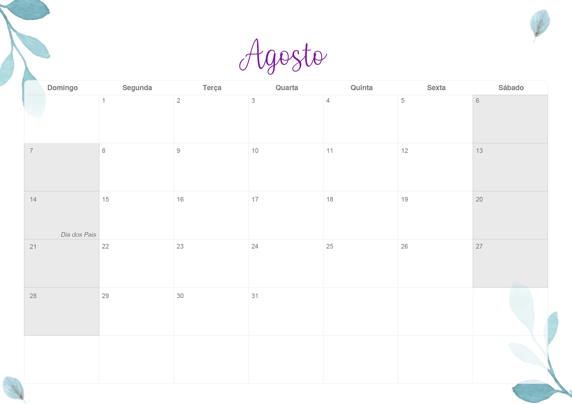 Calendario Mensal 2022 Flores Agosto