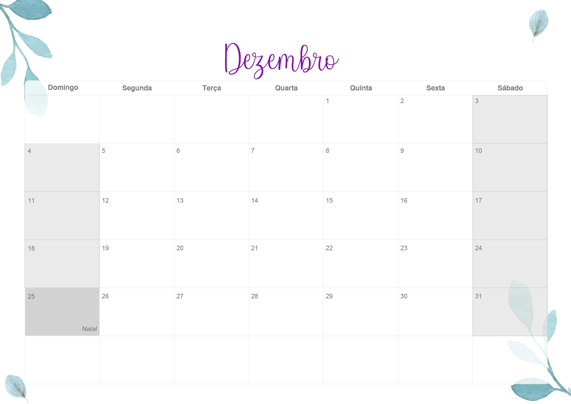 Calendario Mensal 2022 Flores Dezembro