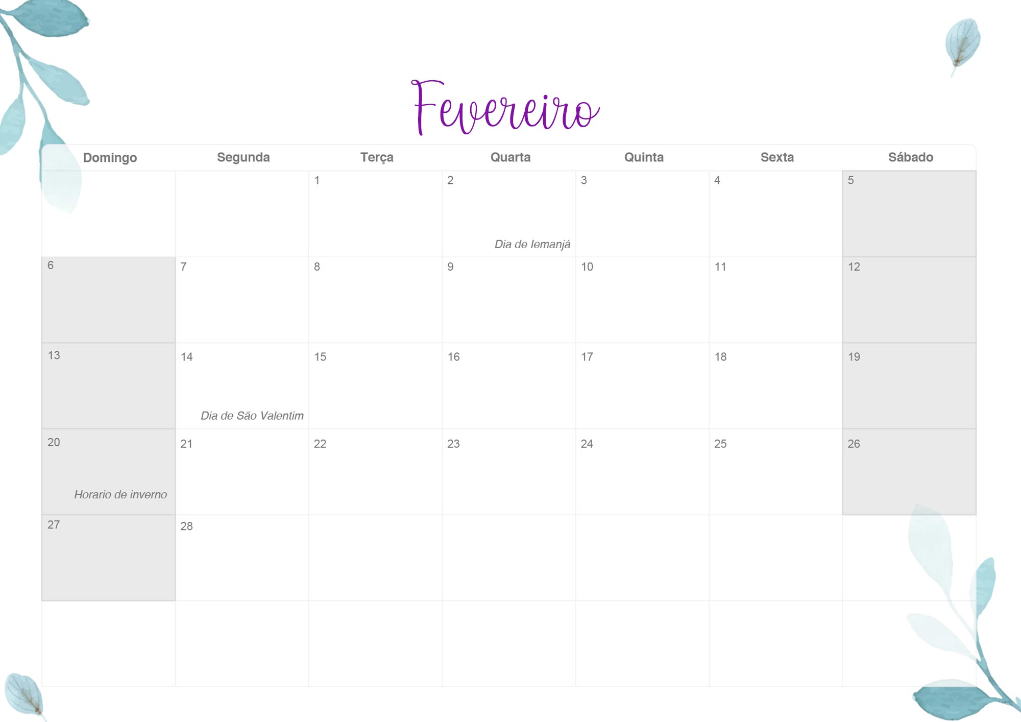 Calendario Mensal 2022 Flores Fevereiro