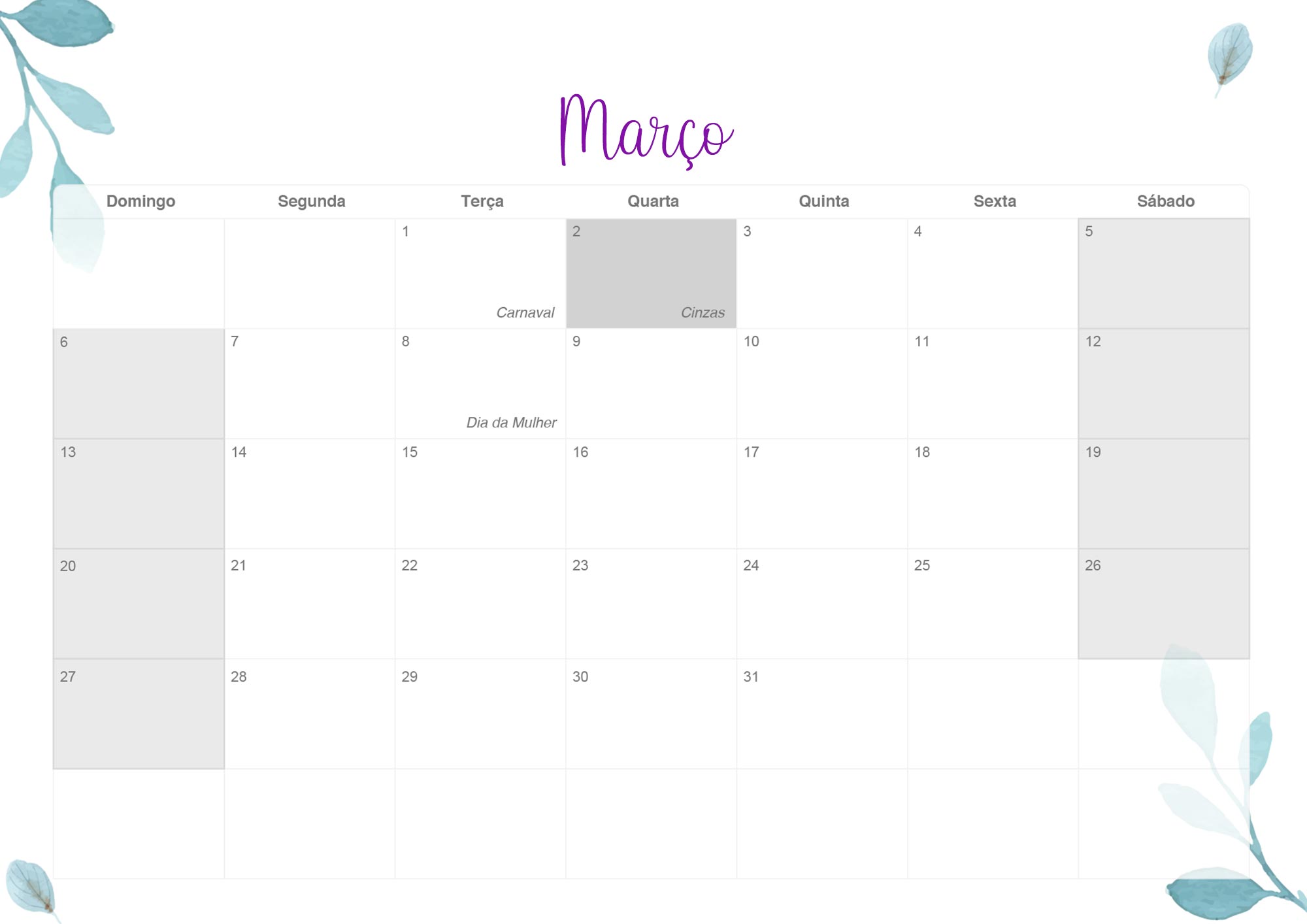 Calendario Mensal 2022 Flores Marco