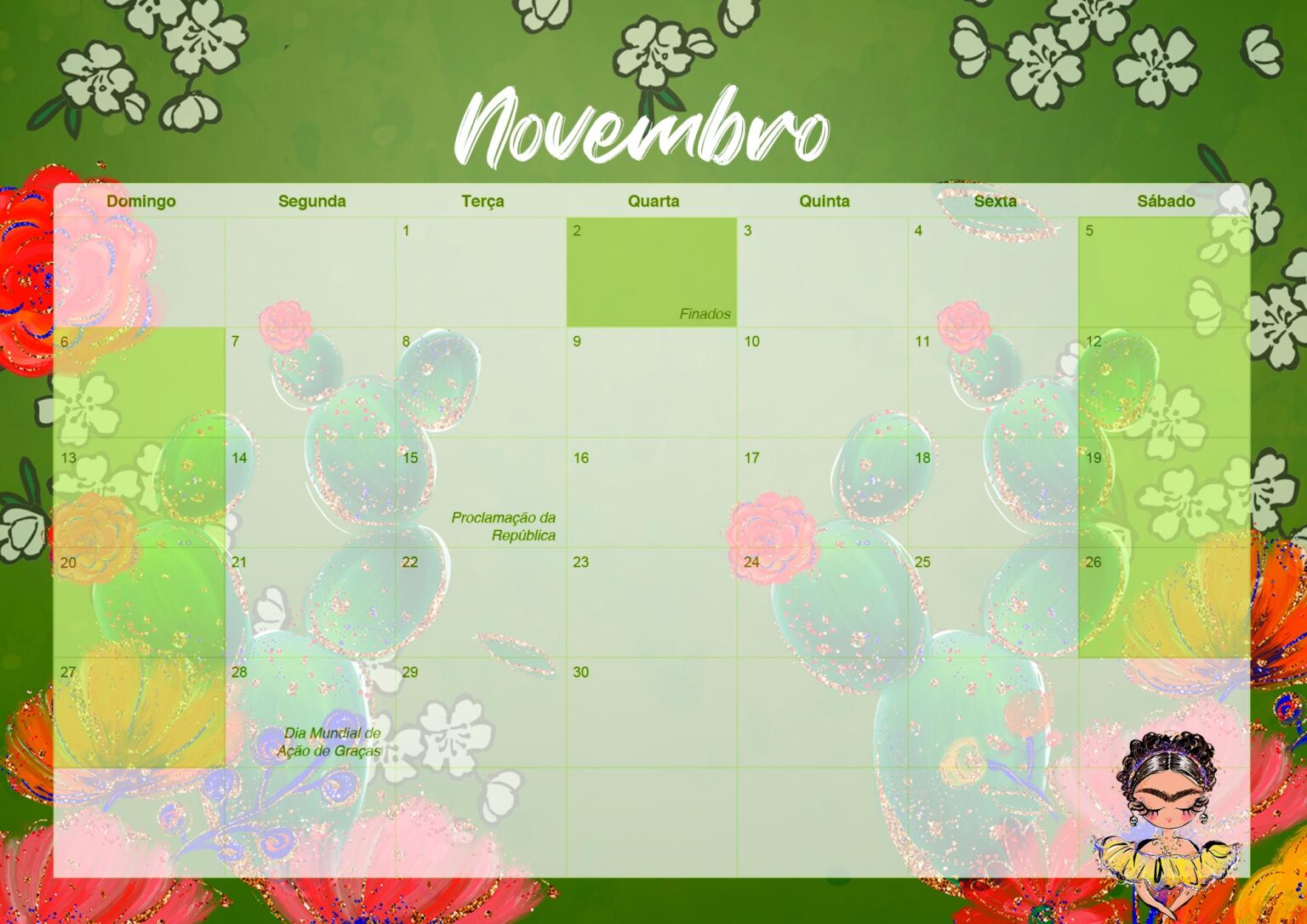 Calendario Mensal 2022 Frida Novembro Fazendo A Nossa Festa