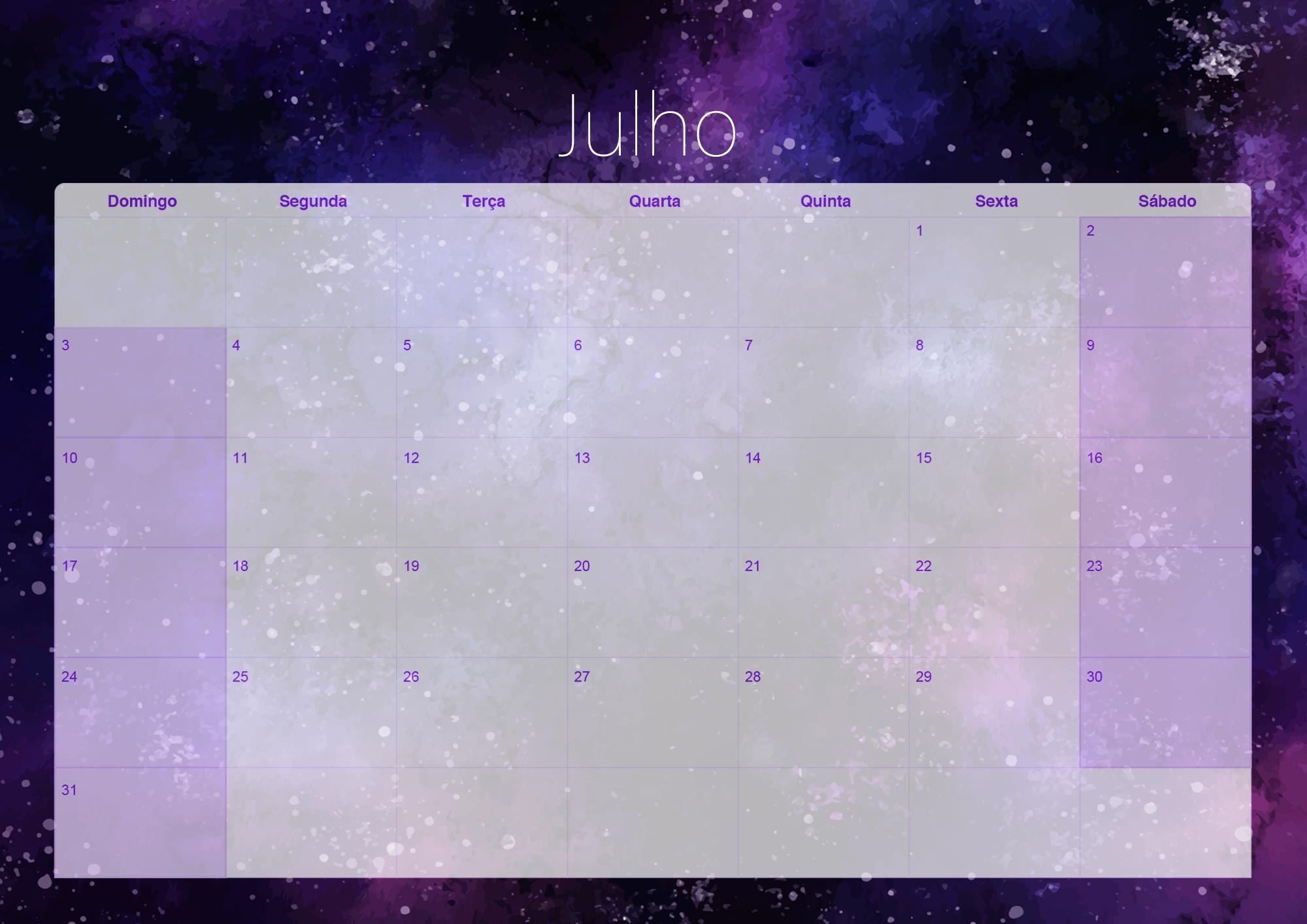 Calendario Mensal 2022 Galaxia Julho