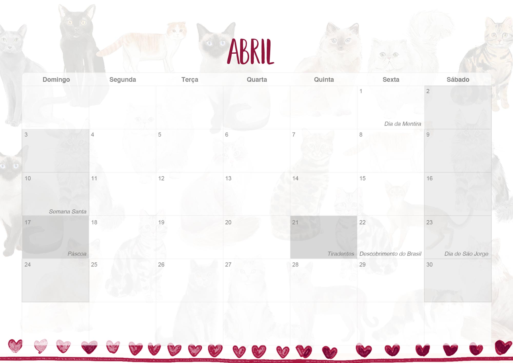 Calendario Mensal 2022 Gatos Abril