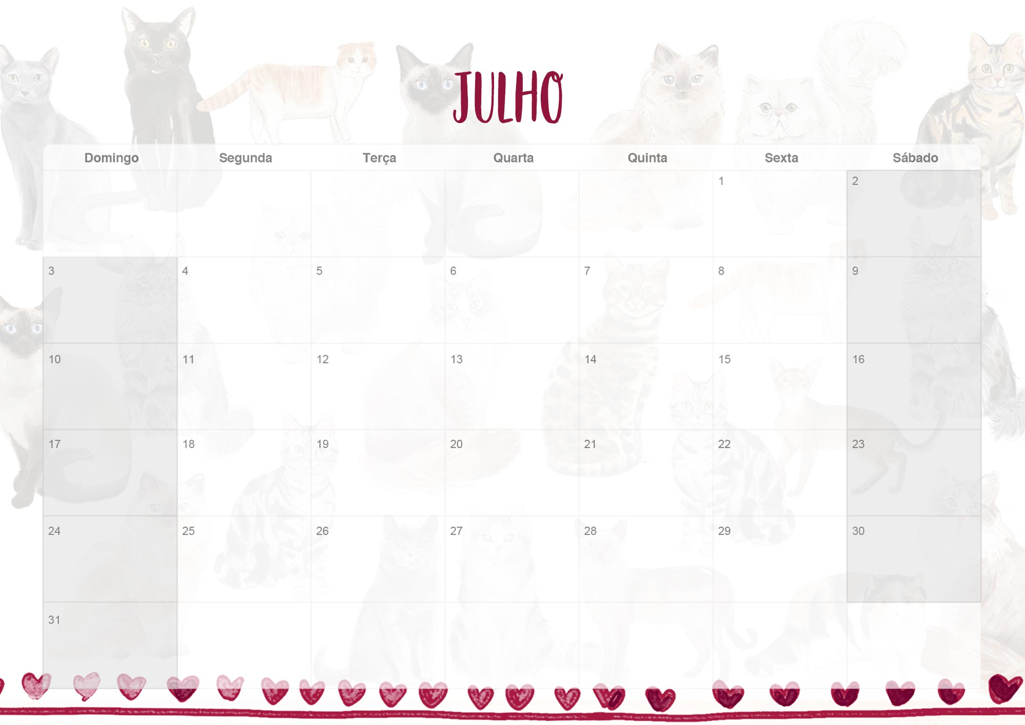 Calendario Mensal 2022 Gatos Julho