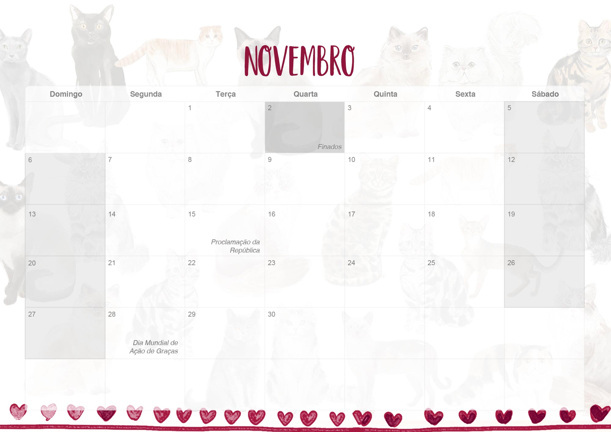 Calendario Mensal 2022 Gatos Novembro
