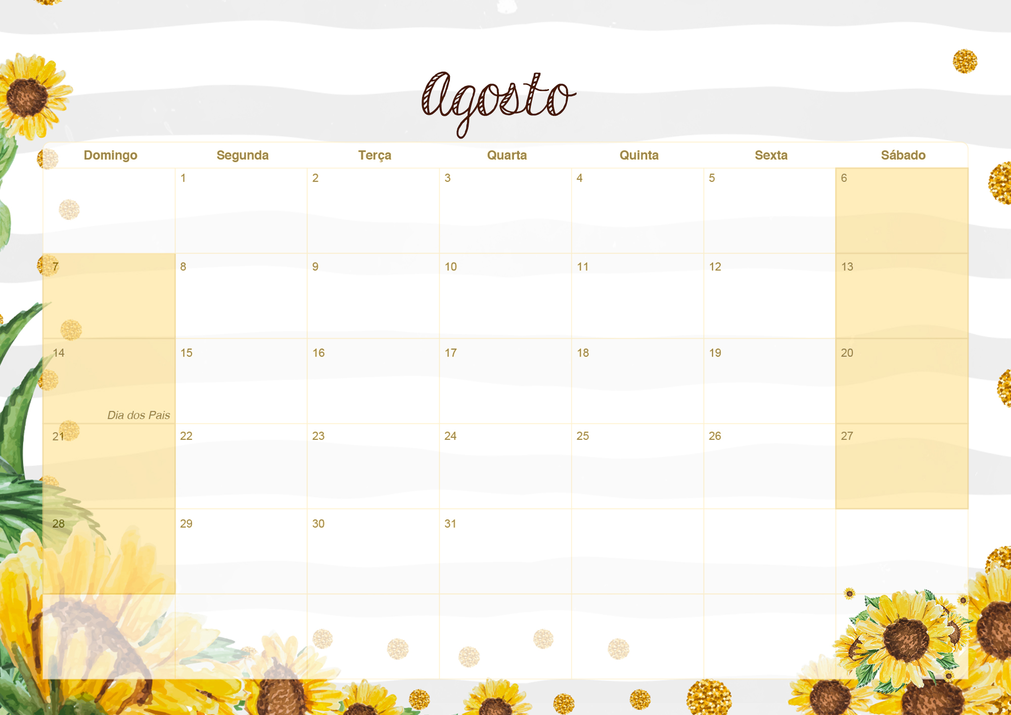 Calendario Mensal 2022 Girassol Agosto